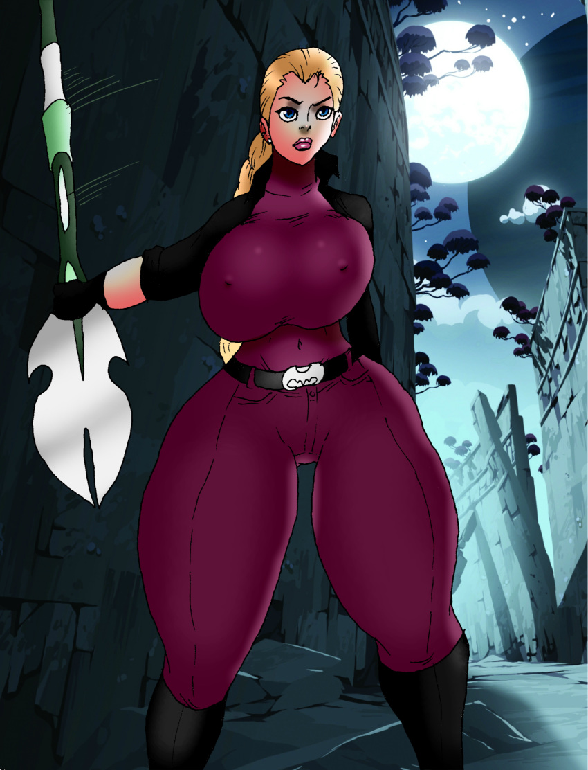 american_dragon:_jake_long belt big_ass big_breasts blonde_hair blue_eyes disney female female_only huge_breasts jay-marvel moon night nipples ponytail purple_clothing rose_(huntsgirl) skin_tight_suit thick_thighs tight_clothing weapon white_skin wide_hips