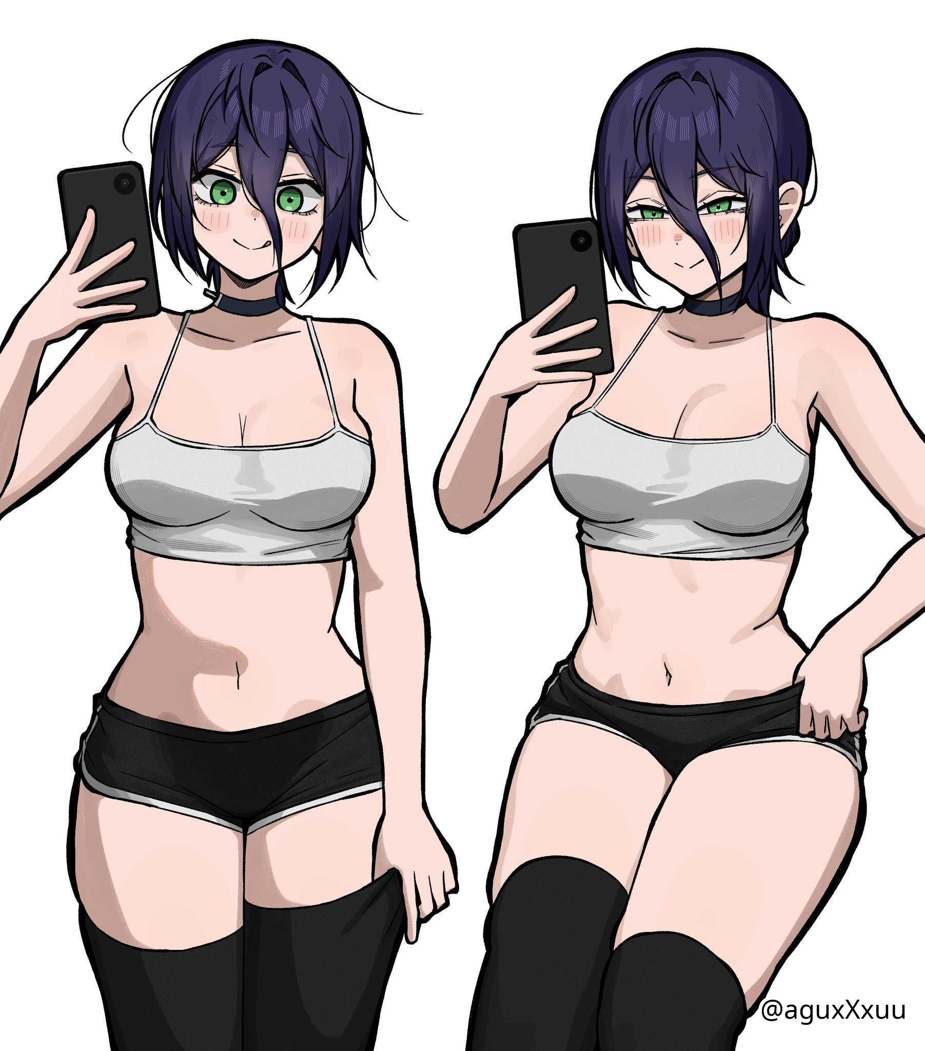 1girls, 2d, 2d (artwork), 2d artwork, aguxxxuu, belly, belly button, black choker, black hair, black legwear, black shorst, black stockings, black thigh highs, black thighhighs, black-haired female, blush, blush face, blushing at viewer, blushing female, blushing lines, breasts, busty, busty female, busty girl, busty teen, busty teenager, chainsaw man, choker, cleavage, closed mouth smile, collarbone, curvaceous, curvaceous body, curvaceous female, curvaceous figure, curvaceous hips, curvaceous teenager, curvy, curvy body, curvy female, curvy figure, curvy hips, curvy teen, digital, digital art, digital drawing, digital drawing (artwork), digital media, digital media (artwork), drawing, elbows, eyebrows visible through hair, female, female focus, female only, fingers, green eyes, green-eyed female, groin, hair between eyes, half-closed eyes, high resolution, highres, hourglass figure, large breasts, lean figure, legs closed, legs together, legwear, licking lips, long hair, looking at viewer, midriff, narrow waist, navel, phone, reze (chainsaw man), selfie, selfie pose, shorst, shoulders, simple background, skindentation, slender body, slender waist, slim female, slim waist, smile, smiley face, smiling, smiling at viewer, solo, standing, stockings, tank top, teen girl, teenage female, teenage girl, teenage tits, teenager, thick thighs, thigh highs, thighhighs, thighs, thighs together, topwear, upper body, white background, white tank top, white topwear, wide hips, young female, young woman