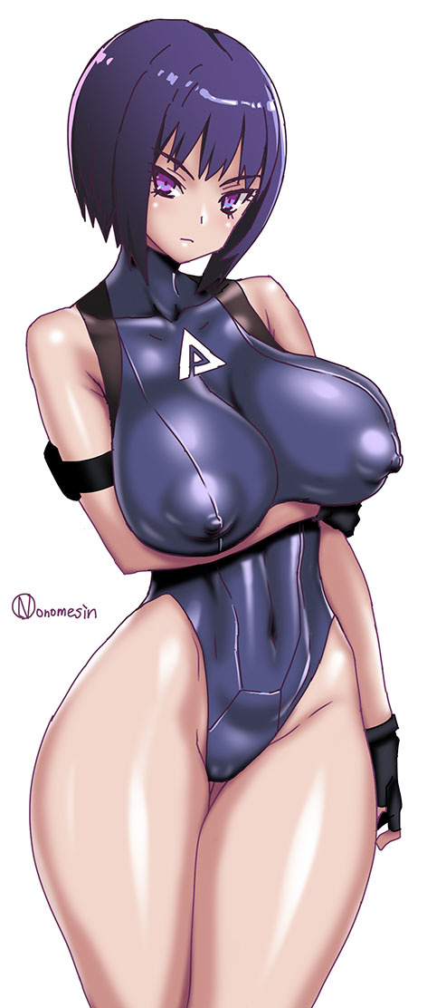 big breasts, breasts, female, female only, ghost in the shell, ghost in the shell sac 2045, kusanagi motoko, leotard, nipples, nipples visible through clothing, onomeshin, purple eyes, purple hair, robot, short hair, solo, solo female, solo focus, thick thighs, white background