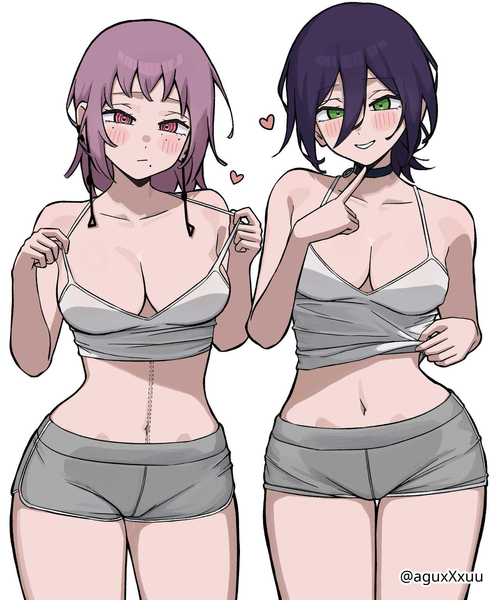 2d, 2d (artwork), 2d artwork, 2girls, aguxxxuu, alternate breast size, belly, belly button, big breasts, black choker, black hair, black-haired female, breasts, busty, busty female, busty girl, busty teen, busty teenager, chainsaw man, choker, cleavage, collarbone, curvaceous, curvaceous body, curvaceous female, curvaceous figure, curvaceous hips, curvaceous teenager, curvy, curvy body, curvy female, curvy figure, curvy hips, curvy teen, death devil (chainsaw man), digital, digital art, digital drawing, digital drawing (artwork), digital media, digital media (artwork), drawing, ear piercing, ear piercings, earrings, elbows, eyebrows visible through hair, female, female focus, female only, fingers, green eyes, green-eyed female, grey shorts, groin, hair between eyes, head tilt, heart, high resolution, highres, hourglass figure, inguinal crease, inguinal ligament, large boobs, large breasts, lean figure, legs closed, legs together, long hair, looking at viewer, midriff, mole on cheek, mole on face, mole under each eye, mole under eye, mole under eyes, mole under mouth, multiple females, multiple girls, narrow waist, navel, parted lips, pierced ear, pierced ears, pink eyes, pink-eyed female, posing, posing for the viewer, purple hair, purple-haired female, reze (chainsaw man), shorts, shoulders, simple background, slender body, slender waist, slim female, slim waist, smile, smiley face, smiling, smiling at viewer, standing, strap lift, strap pull, tank top, teen girl, teenage female, teenage girl, teenage tits, teenager, thick thighs, thighs, thighs together, tilted head, topwear, upper body, white background, white tank top, white topwear, wide hips, young female, young woman