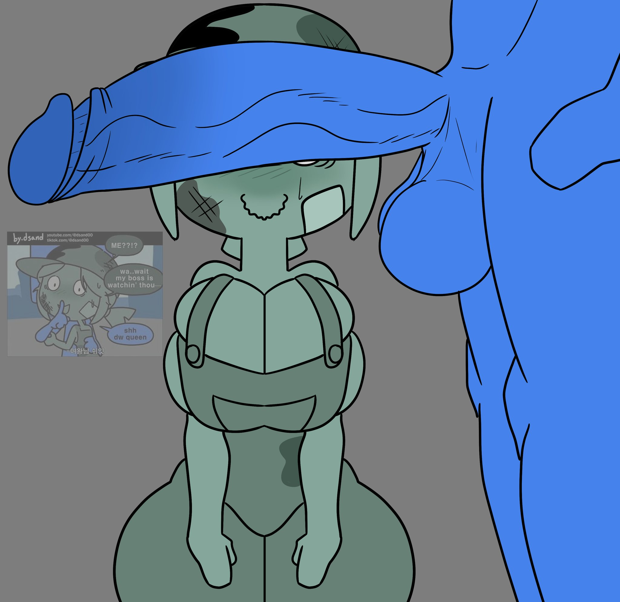 1boy, 1girls, balls, bandaid on face, big balls, big penis, blue body, blue skin, cant see the haters, female, garage, green body, green skin, happy, happy sex, hat, male, mechanic girl, moderate tomboy, motor oil, my ghost friend, naked, naked male, penis, penis in face, ponytail, tomboy, voluptuous, voluptuous female, yiomo
