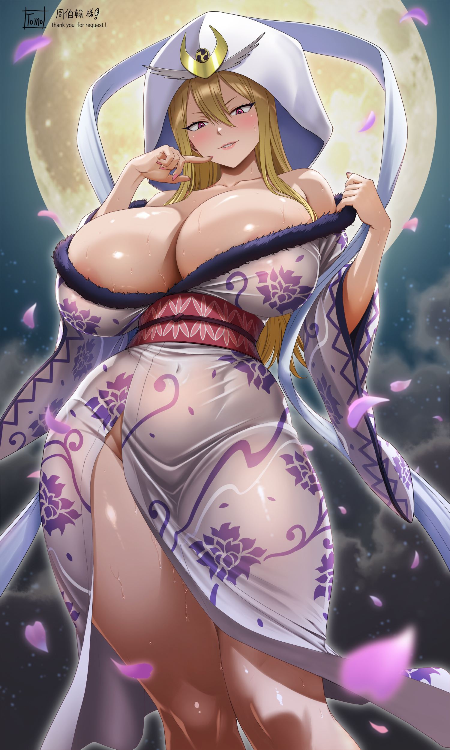 1girls, bare shoulders, blonde hair, blonde-haired female, blush, breasts, cherry blossoms, cleavage, fairy tail, full moon, huge breasts, japanese clothes, kimono, long hair, looking at viewer, moon, purple eyes, selene (fairy tail), shawl, smile, thighs, tomo eokaiteru