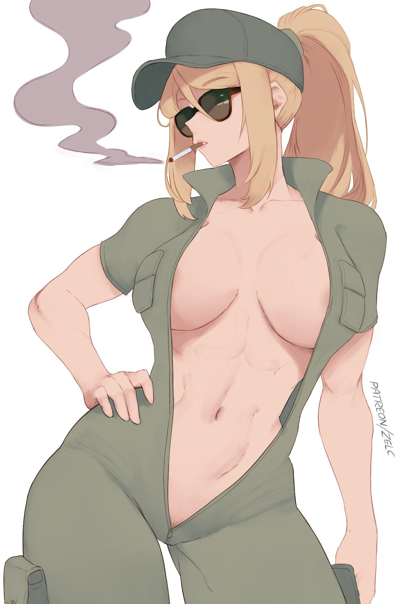 1girls, 2d, 2d (artwork), 2d artwork, adult, adult female, areola slip, areolae, areolae slip, belly, belly button, big breasts, blonde female, blonde hair, blonde hair female, blonde-haired female, bodysuit, breasts, breasts apart, busty, busty female, busty girl, cap, cigarette, cigarette in mouth, cigarette pack, cigarette smoke, collarbone, curvaceous, curvaceous body, curvaceous female, curvaceous figure, curvaceous hips, curvy, curvy body, curvy female, curvy figure, curvy hips, digital, digital art, digital drawing, digital drawing (artwork), digital media, digital media (artwork), drawing, elbows, female, female focus, female only, fingers, green bodysuit, groin, hair between eyes, hand on hip, hand on own hip, hand on own waist, hand on waist, head tilt, high resolution, highres, hourglass figure, inframammary fold, inguinal crease, inguinal ligament, large boobs, large breasts, lean figure, linea alba, long hair, mature, mature female, metroid, midriff, narrow waist, navel, ponytail, samus aran, shoulders, sidelocks, simple background, slender body, slender waist, slim female, slim waist, smoke, smoking, smoking cigarette, solo, standing, stomach, sunglasses, sunglasses on head, thick thighs, thigh gap, thighs, tilted head, underboob, upper body, white background, wide hips, zelc-face