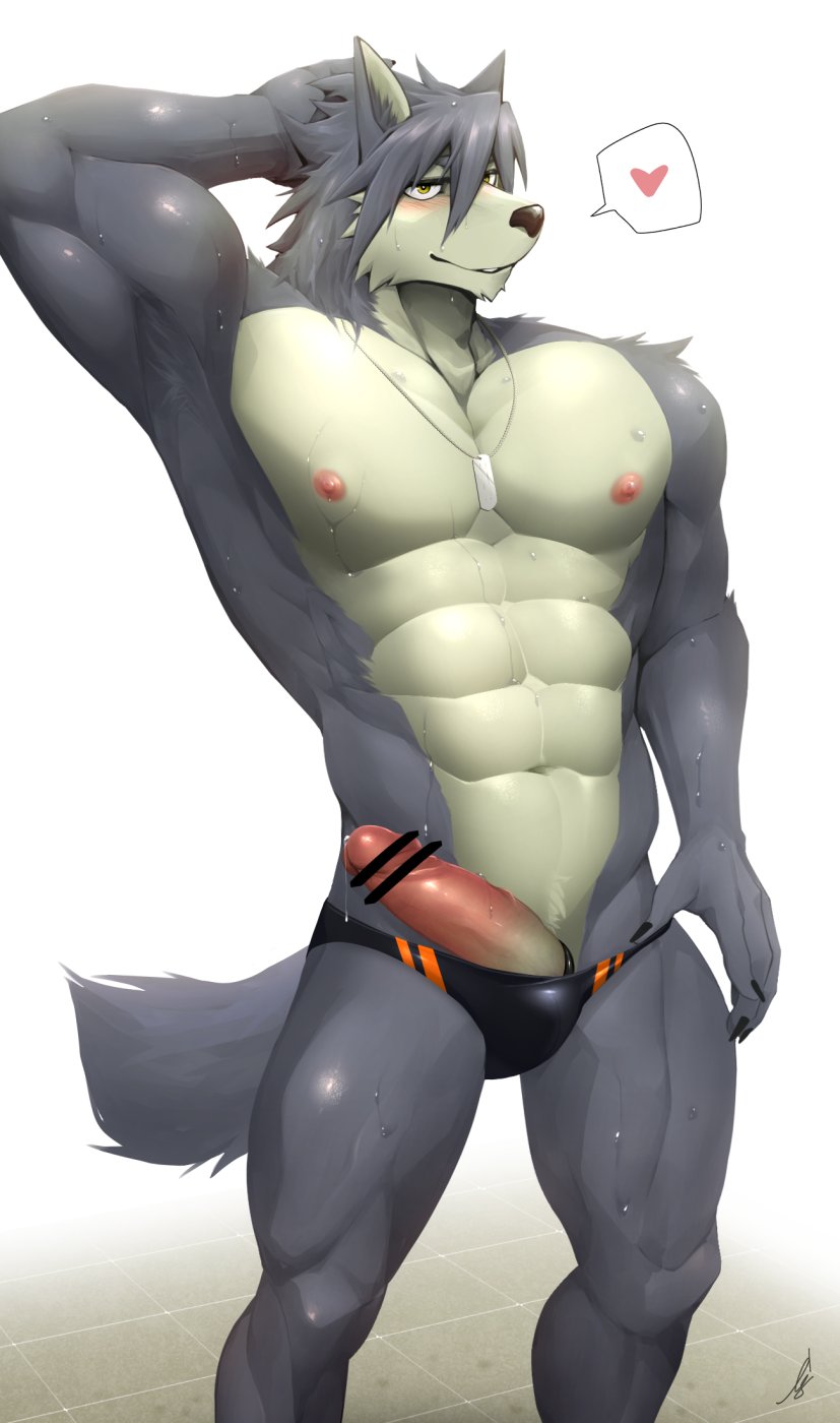 1boy abs anthro biceps blush canid canine canis claws clothing dog_tags domestic_dog genitals hand_behind_head hi_res humanoid_genitalia humanoid_penis husky ig ig1119 kouya_(morenatsu) male male_only mammal morenatsu muscular muscular_male nipples nordic_sled_dog pecs penis solo solo_male speedo spitz swimwear video_games visual_novel yellow_eyes