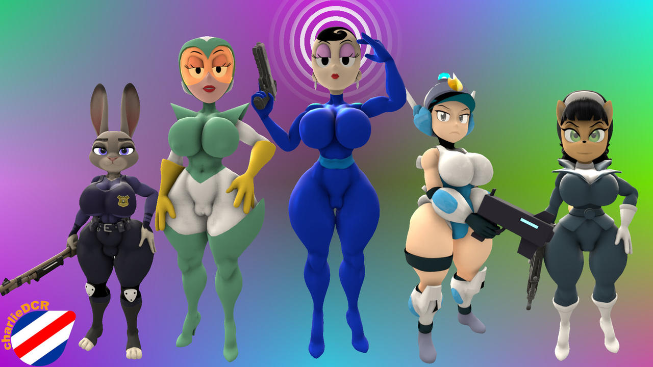 3d 3d_(artwork) 5girls agent_honeydew big_ass big_breasts big_butt black_hair blue_bodysuit bodysuit brown_body brown_fur cat cat_ears dexter's_laboratory dexter's_mom female female_only go_dexter_mom_go green_and_white green_eyes grey_body grey_fur gun judy_hopps kitty_katswell looking_at_viewer mighty_switch_force patricia_wagon pistol pistol_in_hand police police_officer police_uniform policewoman purple_eyes sexy sexy_body sfm shotgun t.u.f.f._puppy tagme tight_bodysuit white_gloves yellow_gloves zootopia zootopia_2