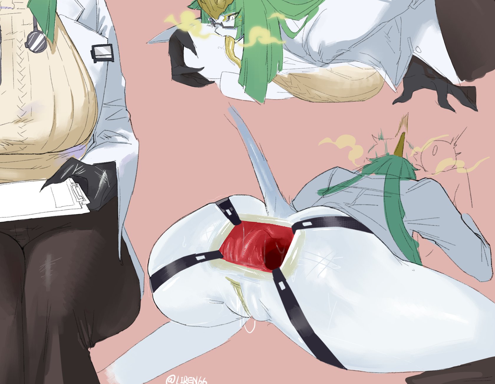 1boy, 1girls, 2d, anal gape, anus, clawed fingers, claws, color, digital media (artwork), dilation belt, fangs, gaping, gaping anus, glasses, green hair, labcoat, licking, liren44, long tongue, oral, original, pale skin, pink background, pussy, sitting, size difference, steam, stethoscope, sweater, tail, tongue, tongue out, vagina, vaginal fluids, yellow eyes