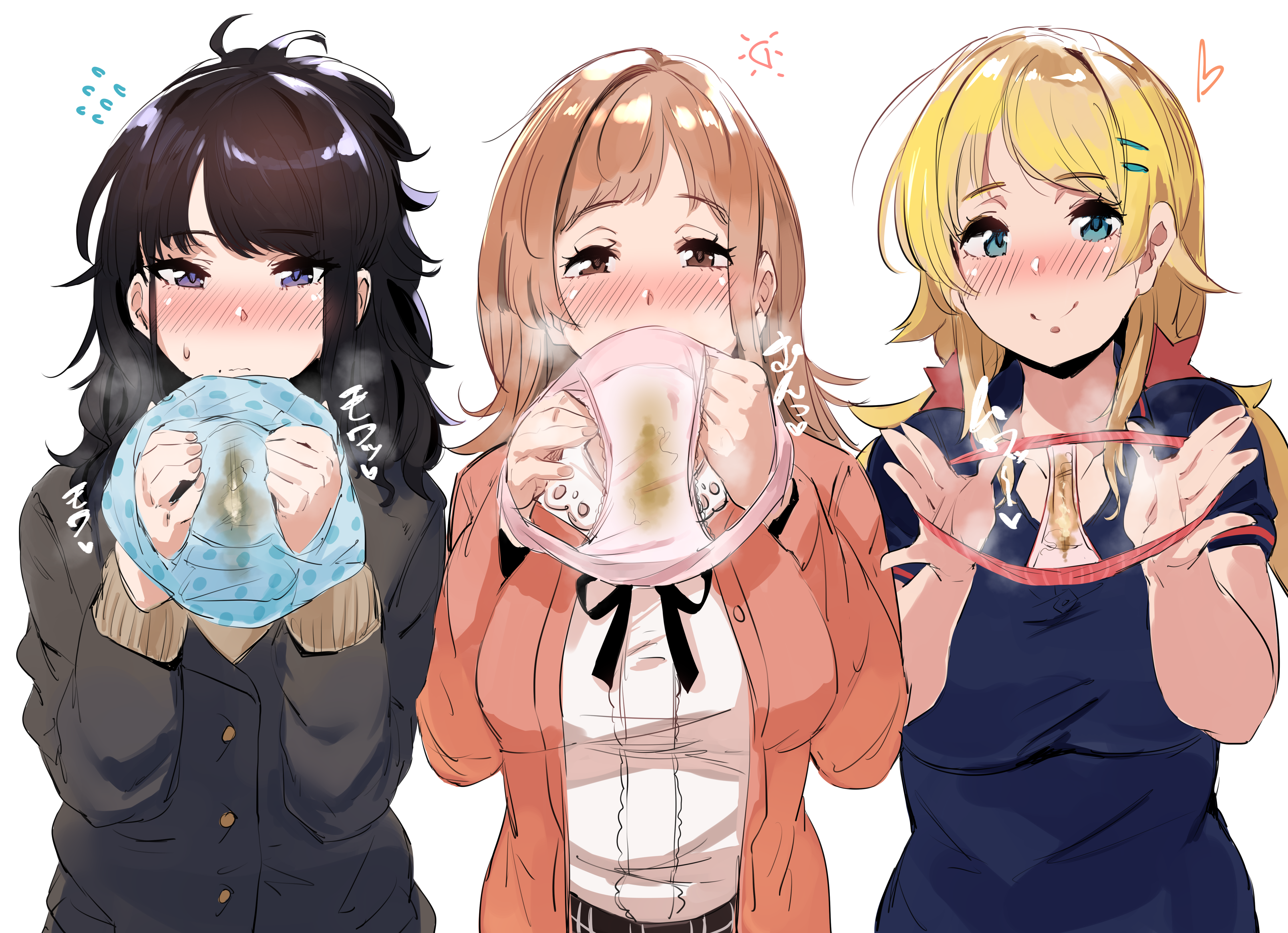 3girls, absurdres, black hair, blonde hair, blue eyes, blue panties, blue underwear, blush, breasts, brown eyes, brown hair, embarrassed, eyebrows visible through hair, female, flying sweatdrops, full-face blush, green eyes, grool, hachimiya meguru, hair ornament, hairclip, heart, hero neisan, high resolution, holding, holding object, holding panties, idolmaster, idolmaster shiny colors, kazano hiori, large breasts, long sleeves, looking at viewer, multiple females, multiple girls, pantsu, pink panties, polka dot, polka dot panties, presenting, presenting panties, red panties, sakuragi mano, short sleeves, simple background, smile, stained panties, striped, striped panties, sweatdrop, underwear, upper body, white background