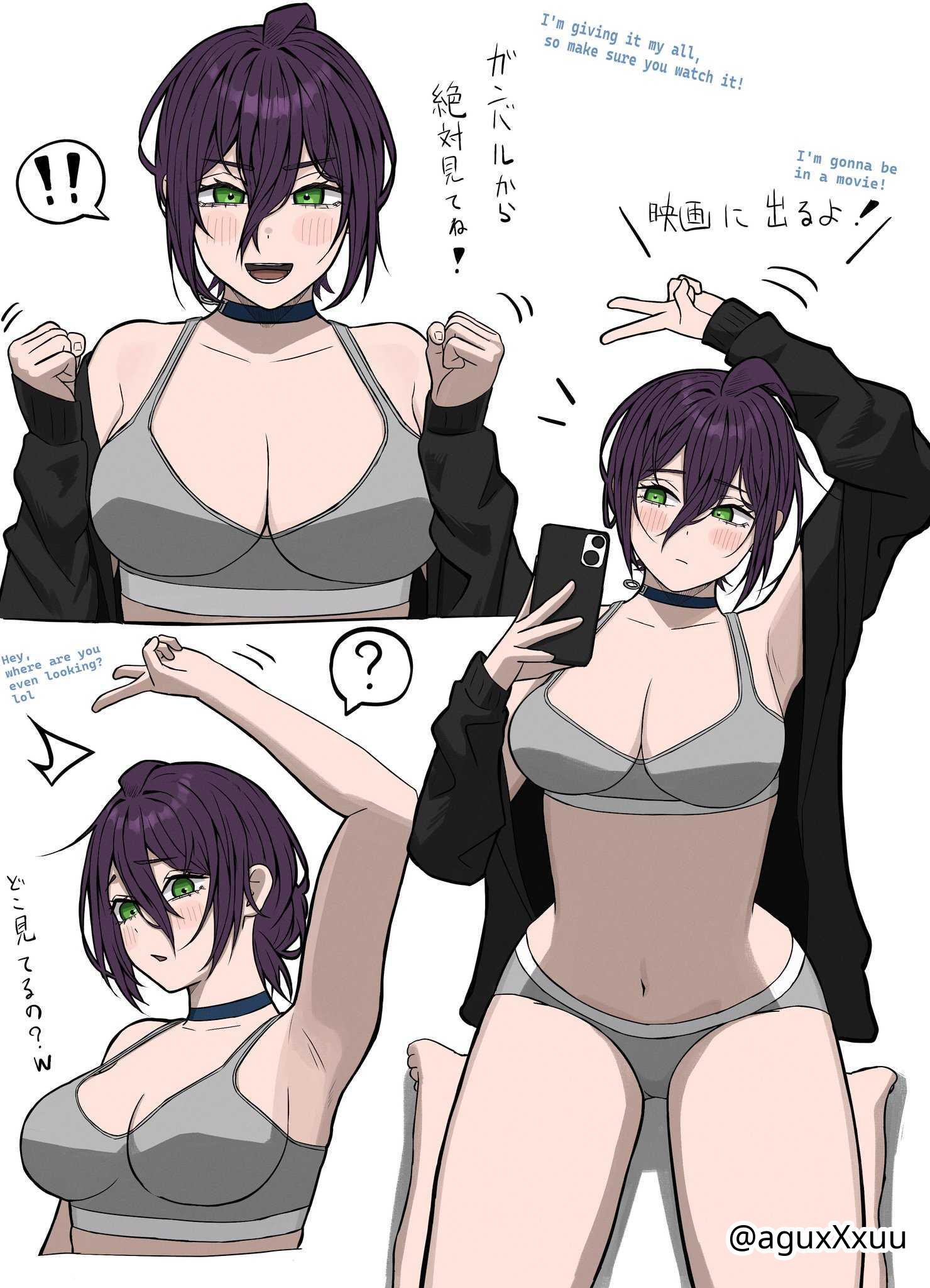 !!, ?, 1girls, 2d, 2d (artwork), 2d artwork, aguxxxuu, alternate breast size, arm above head, arm up, armpit, armpit crease, armpit peek, armpits, bare armpits, bare arms, bare belly, bare hands, bare midriff, bare navel, bare shoulders, bare skin, bare thighs, barefoot, belly, belly button, big breasts, black choker, black coat, black hair, black jacket, black-haired female, blush, blush face, blushing female, blushing lines, bra, breasts, busty, busty female, busty girl, busty teen, busty teenager, chainsaw man, choker, cleavage, coat, collarbone, conversation, curvaceous, curvaceous body, curvaceous female, curvaceous figure, curvaceous hips, curvaceous teenager, curvy, curvy body, curvy female, curvy figure, curvy hips, curvy teen, digital, digital art, digital drawing, digital drawing (artwork), digital media, digital media (artwork), drawing, exposed armpits, exposed arms, exposed belly, exposed midriff, exposed navel, exposed shoulders, exposed skin, exposed thighs, exposedfoot, eyebrows visible through hair, female, female focus, female only, fingernails, fingers, green eyes, green-eyed female, grey bra, grey panties, grey underwear, groin, hair between eyes, hairless armpits, hand above head, hand up, head tilt, high resolution, highres, hourglass figure, jacket, japanese text, large boobs, large breasts, lean figure, long hair, looking at viewer, matching underwear, midriff, narrow waist, navel, open coat, open jacket, open mouth, open mouth smile, panties, parted lips, peace sign, posing, presenting armpit, reze (chainsaw man), selfie, selfie pose, shaved armpits, shoulders, sign, simple background, sitting, slender body, slender waist, slim female, slim waist, smile, smiley face, smiling, smiling at viewer, solo, speaking, speaking to viewer, talking, talking to viewer, teenage tits, text, thick thighs, thigh gap, thighs, tilted head, tongue, translation request, underwear, upper body, upper teeth, v, v sign, white background, wide hips