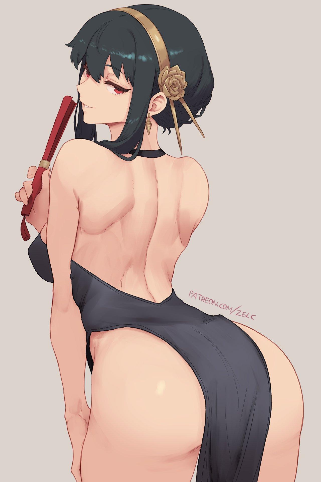 1girls, 2d, 2d (artwork), 2d artwork, adoptive mother, adult, adult female, anime milf, ass, back, black clothes, black dress, black hair, black outfit, black topwear, black-haired female, breasts, busty milf, clothes, curvy milf, digital, digital art, digital drawing, digital drawing (artwork), digital media, digital media (artwork), drawing, dress, earrings, eyebrows visible through hair, female, female focus, female only, fingers, flower, flower hair ornament, flower in hair, flower on head, gluteal fold, grey background, hair between eyes, hair ornament, hairband, hand on leg, hand on own leg, hand on own thigh, hand on thigh, handfan, head tilt, high resolution, highres, hot milf, lean figure, long hair, looking at viewer, looking back, looking back at viewer, mature, mature female, median furrow, milf, mother, narrow waist, outfit, posing, posing for the viewer, red eyes, red-eyed female, shoulder blades, shoulders, sideboob, sidelocks, simple background, slender body, slender waist, slim female, slim waist, smile, smiley face, smiling, smiling at viewer, solo, spy x family, standing, thick thighs, thighs, tilted head, topwear, upper body, white hairband, wide hips, yor briar, yor forger, young looking female, zelc-face