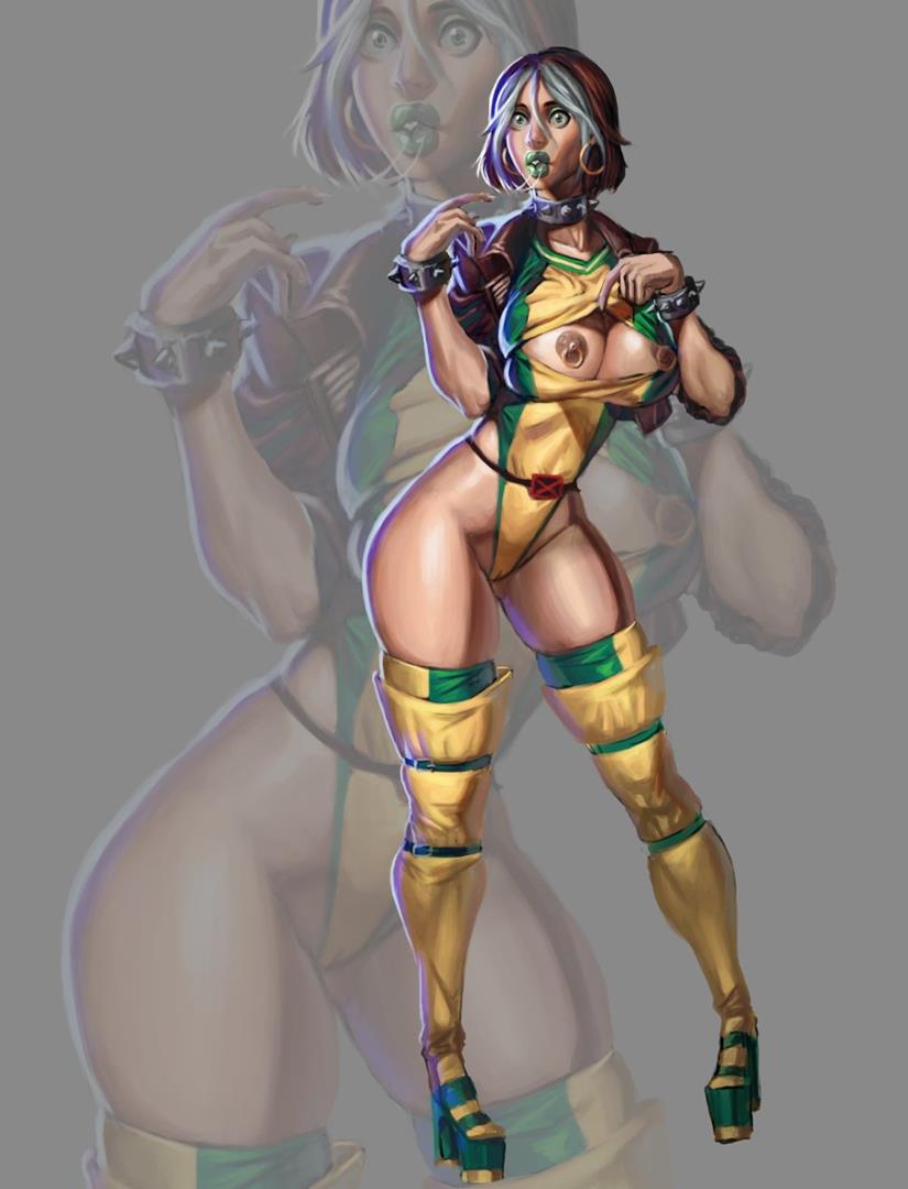 1girls, anna marie, bimbo, breasts, collar, drool, drooling, earring, earrings, female, female only, high heels, homo superior, hoop earrings, lipstick, marvel, marvel comics, mutant, nipple piercing, nipples, pierced nipples, piercing, piercings, platform heels, rogue (evolution), rogue (x-men), solo, superheroine, two-tone hair, uncensored, weakj, x-men, x-men evolution