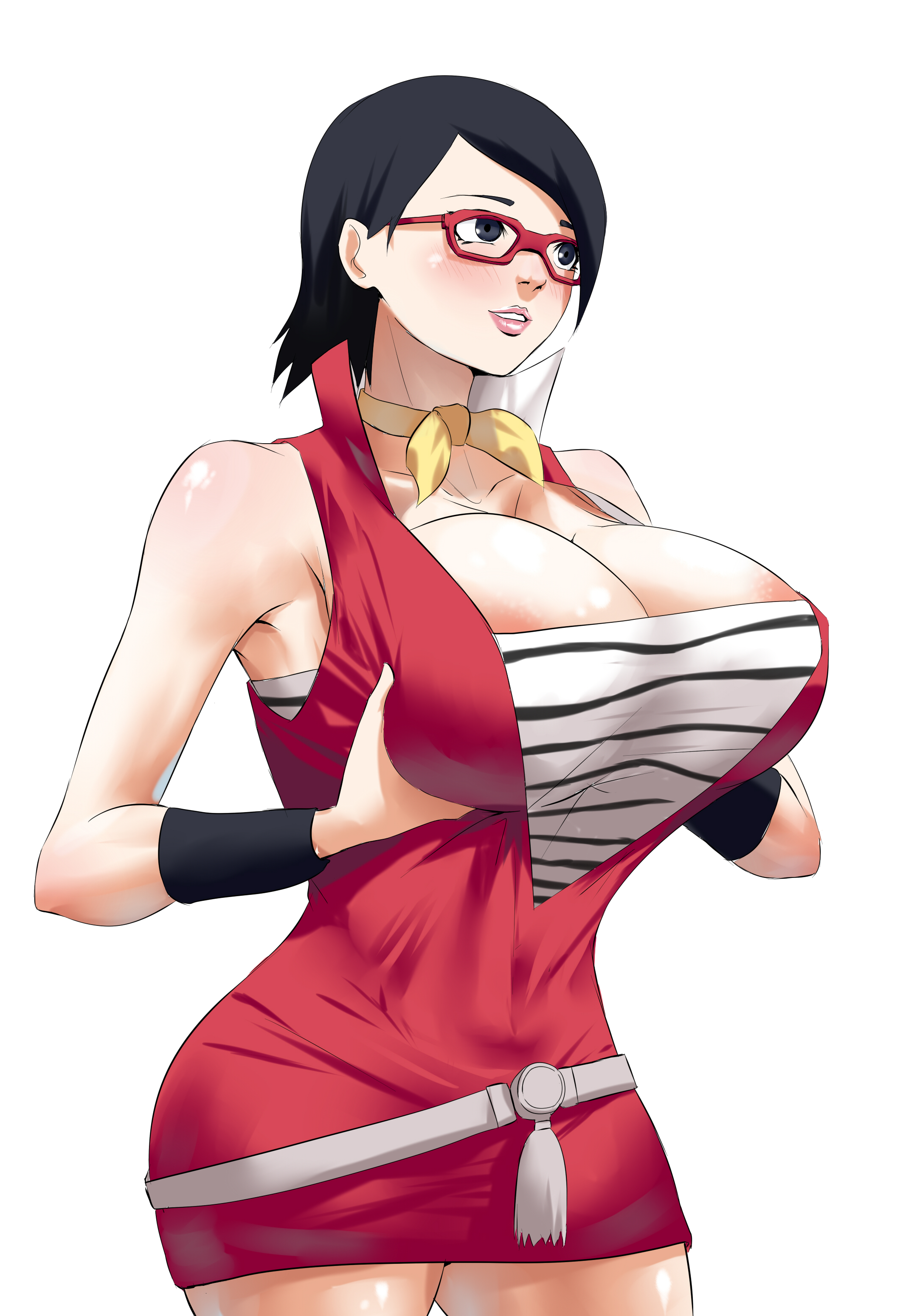 1girls, aged up, areolae, bad id, big breasts, black eyes, black hair, blush, boruto: naruto next generations, breasts, cleavage, dead source, female, female only, glasses, huge breasts, large breasts, naruto, naruto (series), sarada uchiha, shinimi (nishimiya shirone), short hair, smile, solo, uncensored