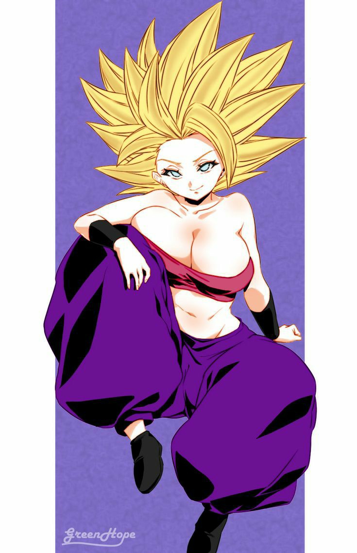 breasts, caulifla, cleavage, dragon ball, dragon ball super, female, gold hair, huge breasts, looking at viewer, pants, saiyan, sitting, super saiyan, super saiyan 2