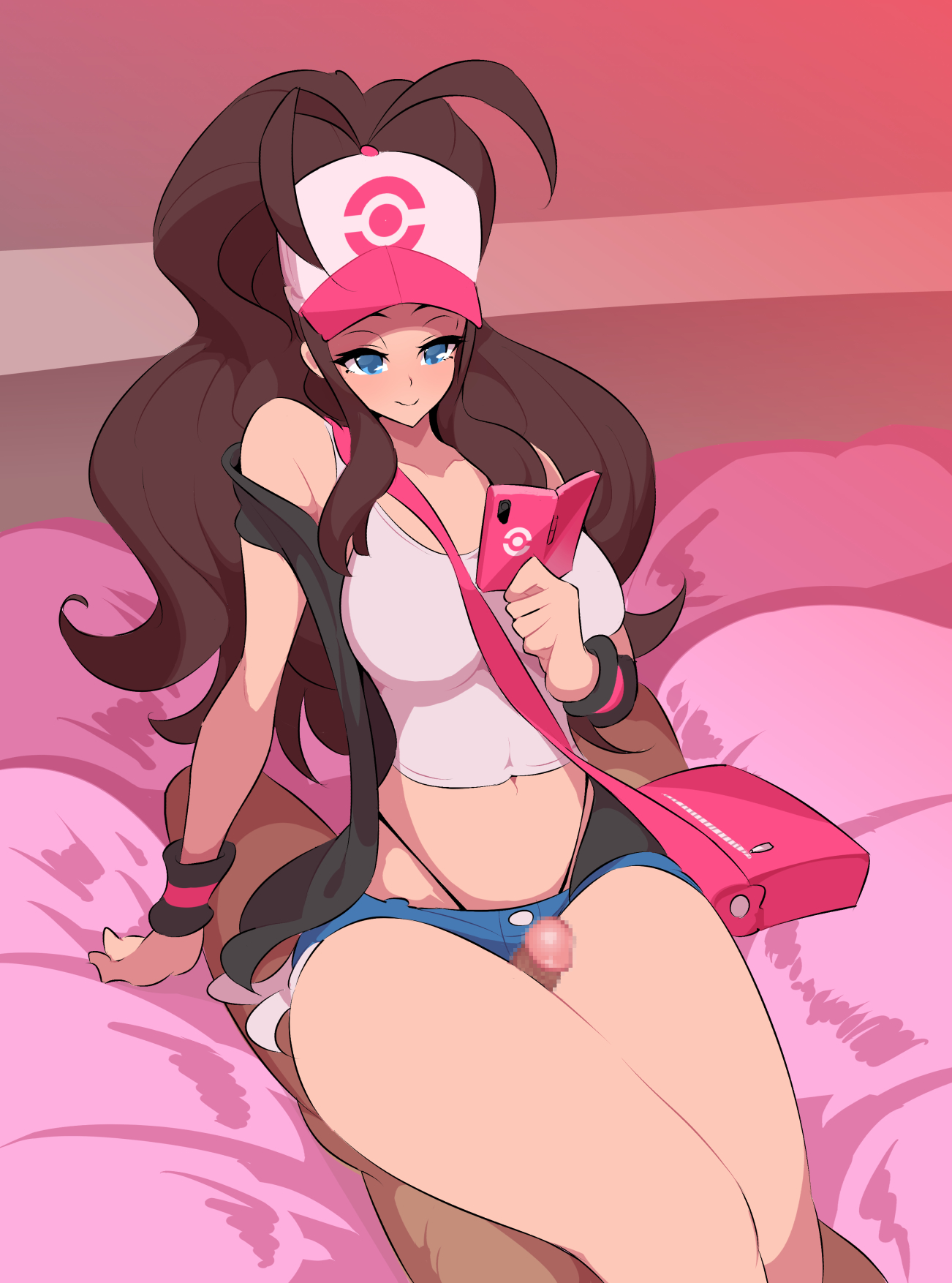 1boy, 1girls, aged up, alternate breast size, armpits, ass, bag, bare shoulders, bed, belly, big ass, big breasts, big penis, black panties, blue eyes, blush, breasts, brown hair, censored, clothed female nude male, dark skin, dark-skinned male, eye contact, female, femdom, half-closed eyes, hat, hilda (pokemon), holding, huge ass, huge breasts, huge thighs, human, interracial, large ass, large breasts, light skin, light-skinned female, long hair, looking at viewer, male, masturbation, midriff, nac000, navel, nintendo, on top, pale skin, pale-skinned female, panties, panties visible, penis, penis between legs, phone, pink background, pokemon, pokemon bw, ponytail, shirt, shorts, sitting, sitting on person, sweatband, tank top, thick thighs, thigh sex, tight clothing, tight shorts, vest, white shirt, wide hips