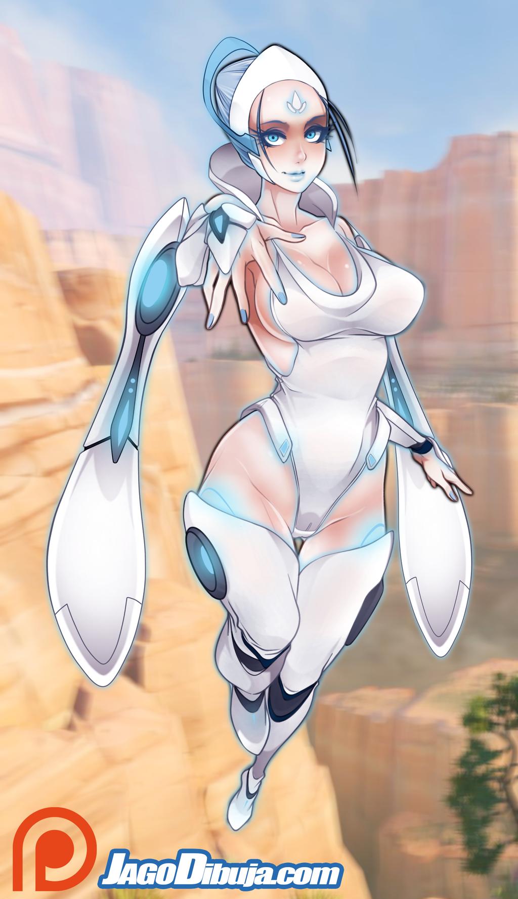 1girls 2d anthrofied big_breasts blue_eyes blue_fingernails blue_hair blue_lipstick echo_(overwatch) female female_only floating futuristic human humanized jago_dibuja leotard light-skinned_female looking_at_viewer overwatch overwatch_2 ponytail simple_background solo tagme toned_female