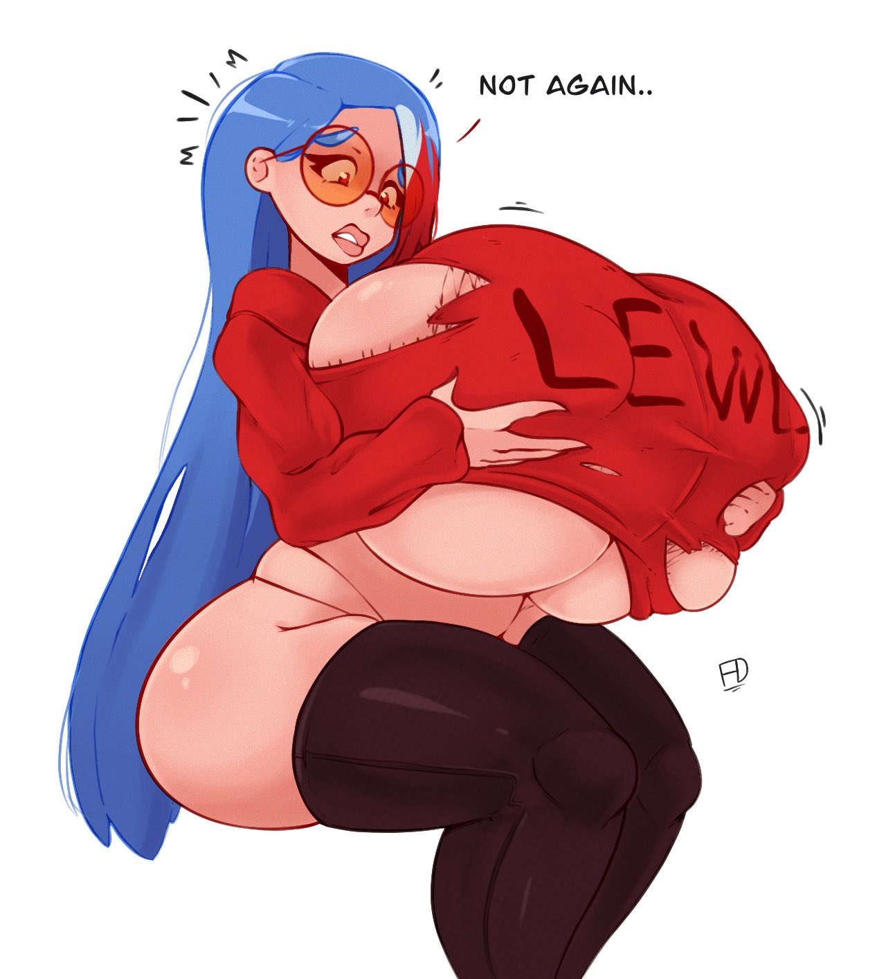 1girls, blue hair, breast expansion, breast growth, breast growth (enlargement), breast hold, breast lift, breasts, bursting breasts, expansion, female, female only, fiffer, huge breasts, hyper, hyper breasts, long hair, solo, tearing clothes, text, thighhighs