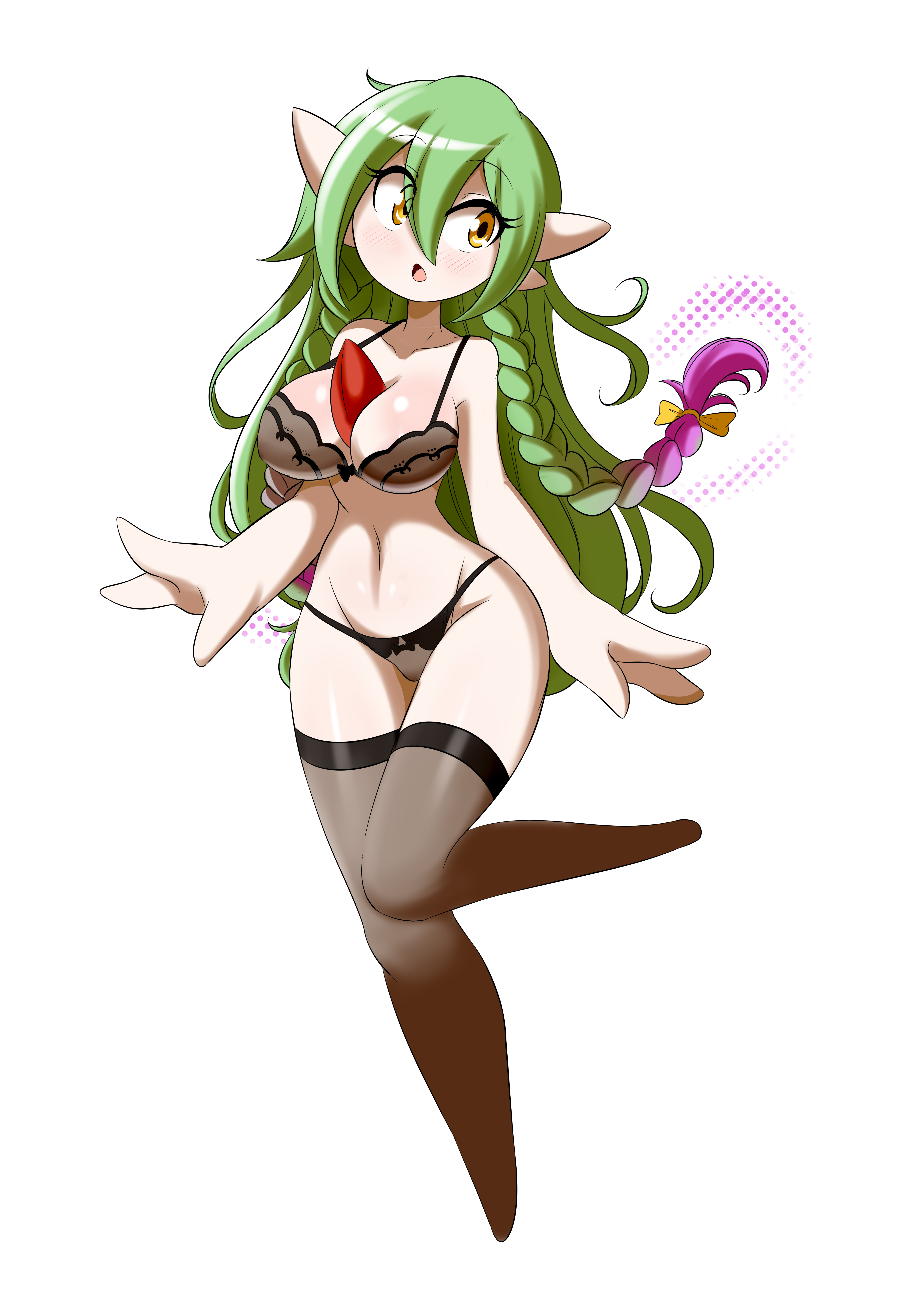 1girls, absurd res, alternate version available, anthro, anthrofied, big breasts, bra, braided hair, breasts, female, gardevoir, green hair, green skin, hair ribbon, high resolution, humanoid, large breasts, long hair, lucyfercomic, nintendo, panties, pokémon (species), pokemon, pokemon (species), pokemon rse, thick thighs, thighhighs, thighs, two-tone hair, white background, white skin, yellow eyes