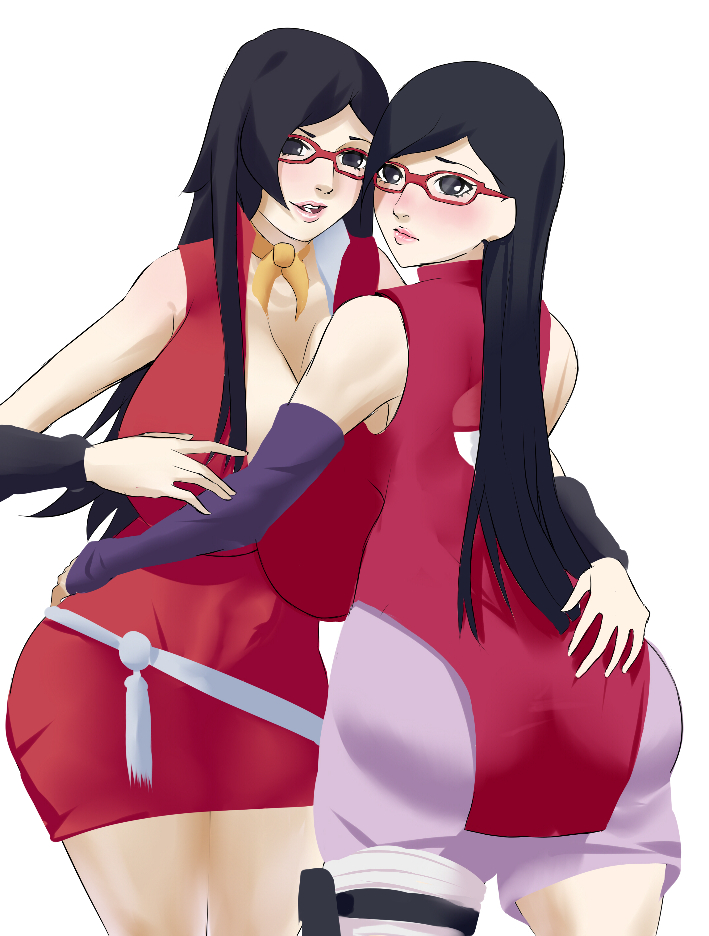 2girls, alternate hair length, alternate version available, ass, bad id, big ass, big breasts, bimbo, black eyes, black hair, boruto: naruto next generations, breasts, dead source, dual persona, female, female only, glasses, huge breasts, kunoichi, large ass, large breasts, long hair, multiple girls, naruto, naruto (series), sarada uchiha, selfcest, shinimi (nishimiya shirone)