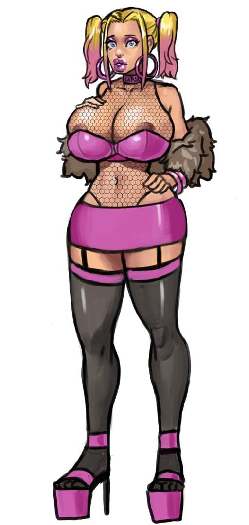big lips, bimbo, blonde hair, breasts, female, fishnets, high heels, huge breasts, kandi (weakj), miniskirt, nipple slip, stockings, thighhighs, twintails, weakj