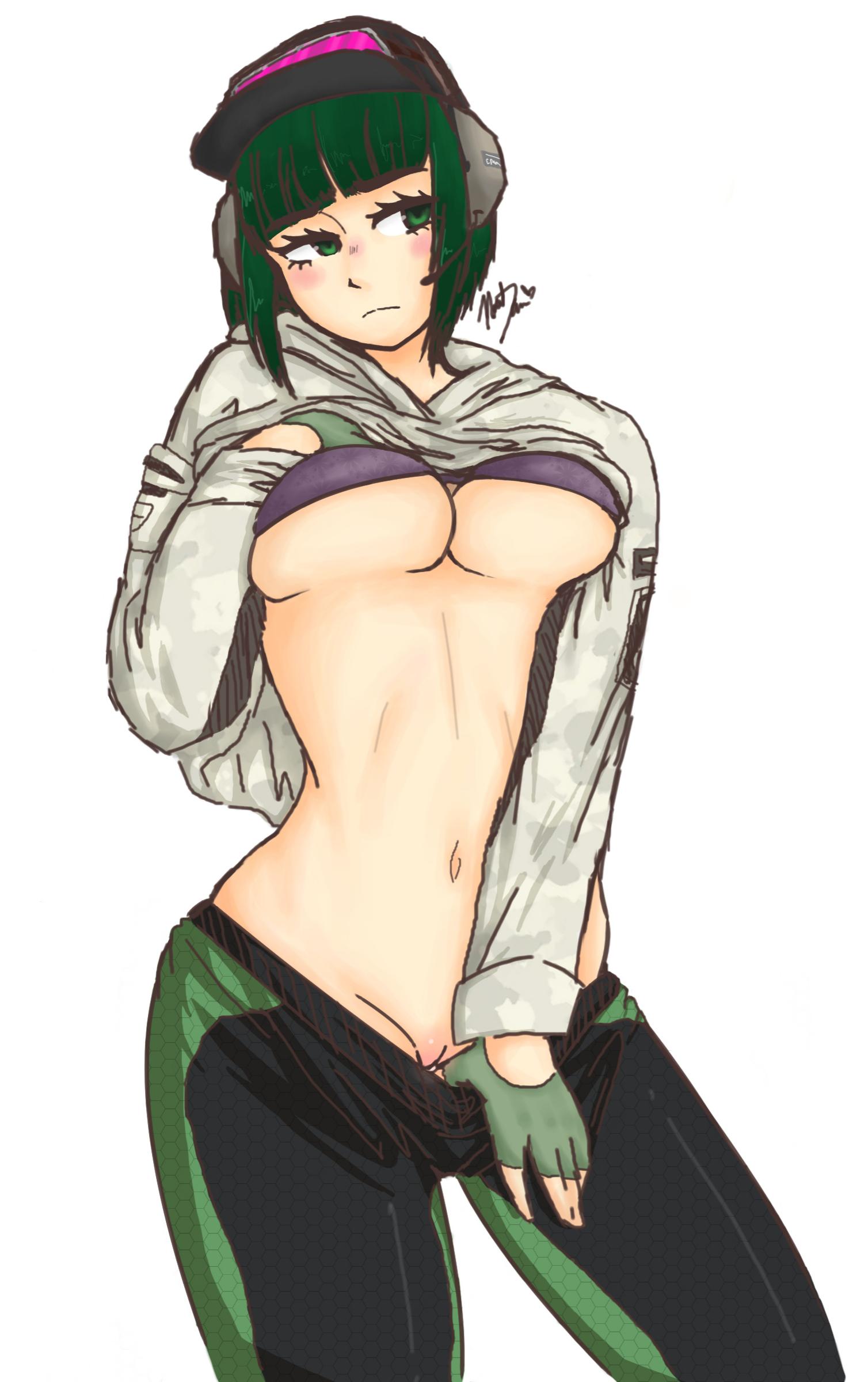 1girls, blush, bra, breasts, cap, ela (rainbow six), embarrassed, female, female only, fingerless gloves, green eyes, green hair, headphones, navel, pale skin, pants down, pussy, rainbow six, rainbow six siege, shaved pussy, shirt lift, short hair, simple background, solo, tight clothing, tom clancy, underboob, undressing, vagina, yoga pants