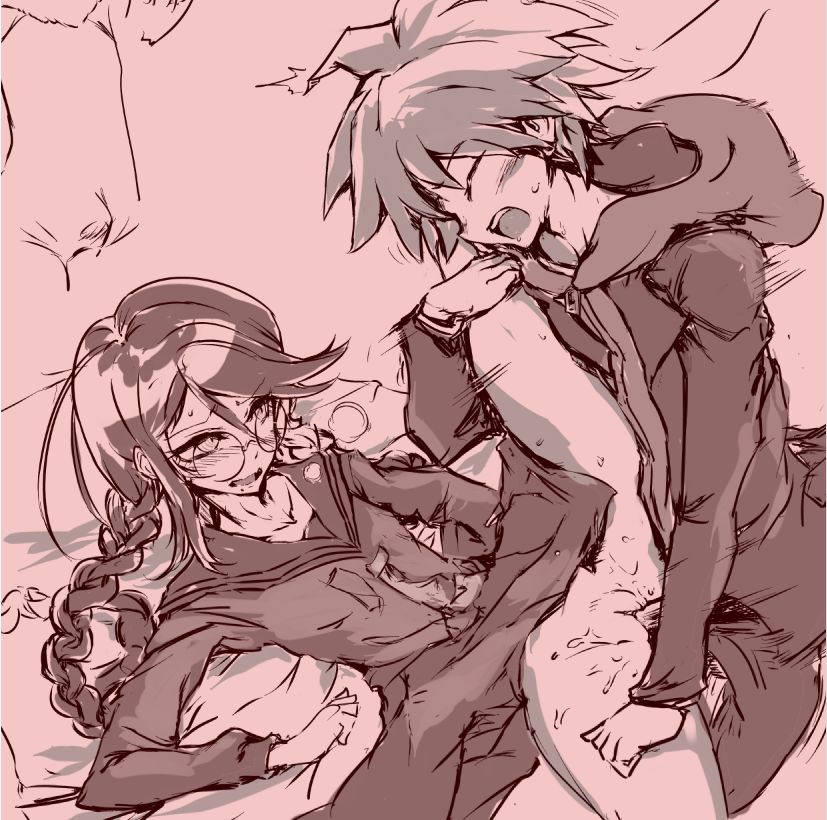 artist request, blush, clothed, clothed sex, clothing, danganronpa, danganronpa 1, fukawa touko, glasses, naegi makoto, no color, penetration, sex, straight hair