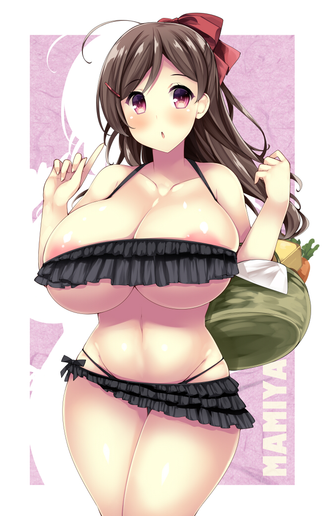 areolae, bag, bikini, blush, breasts, brown hair, cleavage, female, hair ornament, huge breasts, kantai collection, long hair, mamiya (kantai collection), surprised, thong bikini