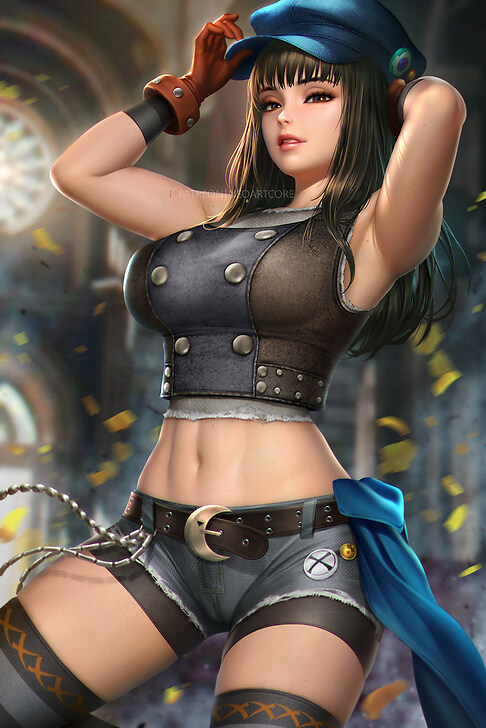1girls, armpits, arms up, black hair, clothing, colored background, denim shorts, female, female only, final fantasy, final fantasy vii, final fantasy vii remake, fully clothed, kyrie canaan, legwear, midriff, navel, neoartcore, short shorts, solo, square enix, tight