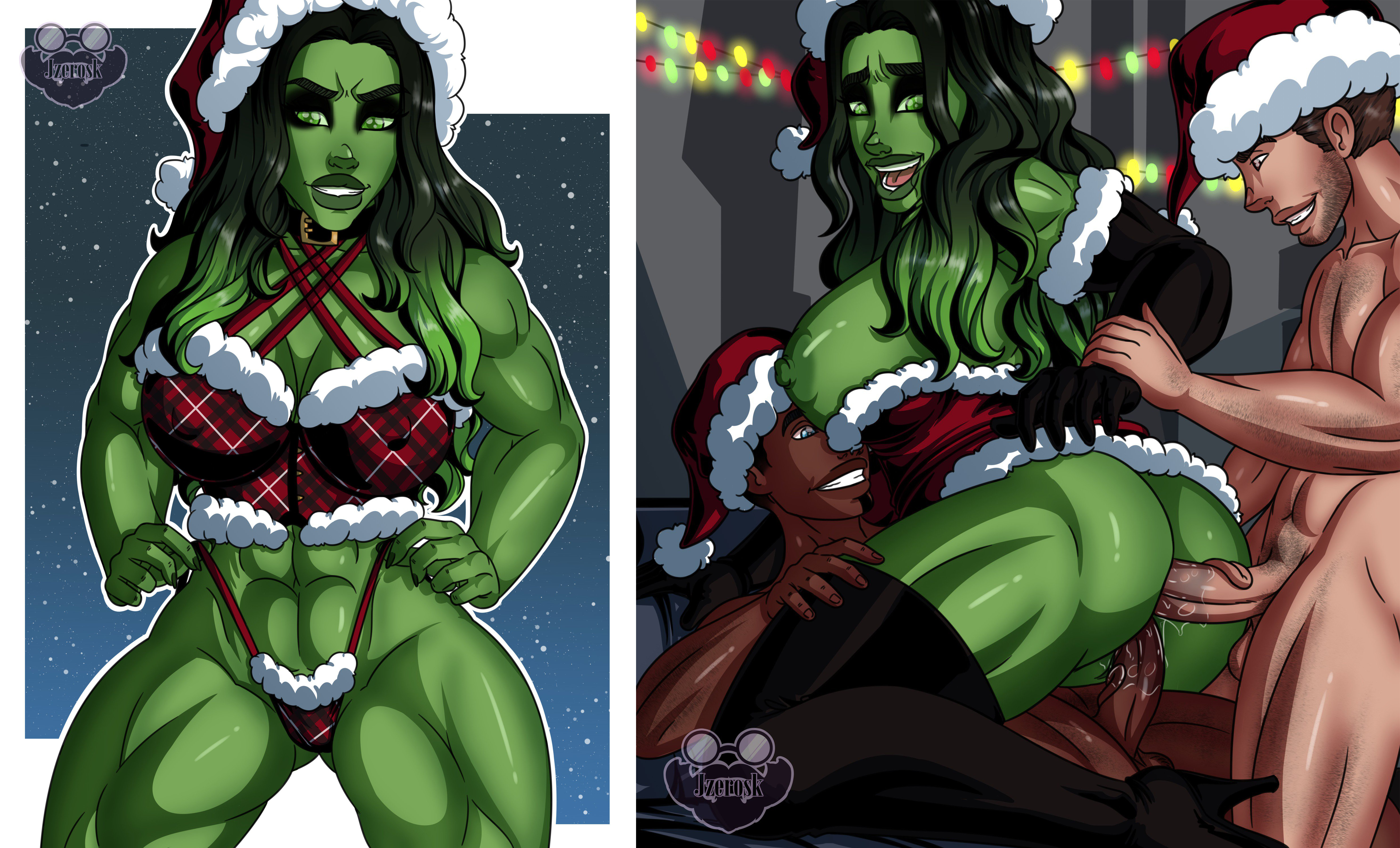 1girls, 2boys, abs, anal, anal juice, anal penetration, anal sex, areolae, ass, avengers, balls, biceps, big breasts, big lips, breasts, busty, christmas, christmas clothing, christmas hat, christmas outfit, corset, double penetration, elbow gloves, eyelashes, eyeshadow, female, from behind, from behind position, g-string, green eyes, green hair, green skin, green-skinned female, high heel boots, hourglass figure, hulk (series), instant loss 2koma, jzerosk, large breasts, long hair, male, marvel, marvel comics, mmf threesome, muscles, muscular, muscular female, muscular male, muscular thighs, nipples, panties, penetration, pinup, pussy, pussy juice, sex, she-hulk, skimpy clothes, snow, standing, straight, thick lips, thigh boots, thong, threesome, vaginal penetration, vaginal sex