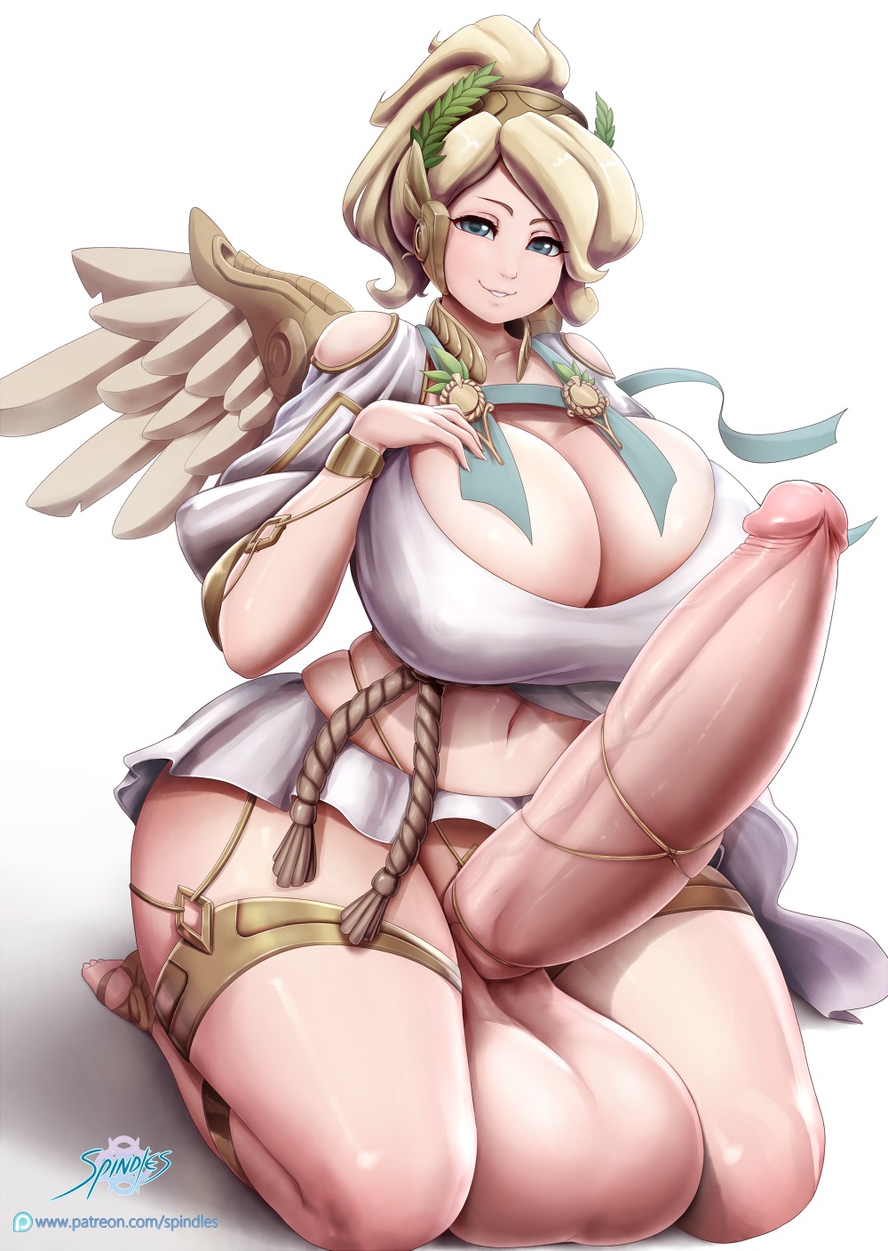 1futa alternate_costume blonde_hair blue_eyes bursting_breasts cleavage curvy futa_only futanari huge_balls huge_breasts huge_cock huge_penis huge_testicles looking_at_viewer mercy nipple_bulge overwatch penis ponytail solo_futa spindles thick_thighs thunder_thighs veiny_penis wide_hips wings