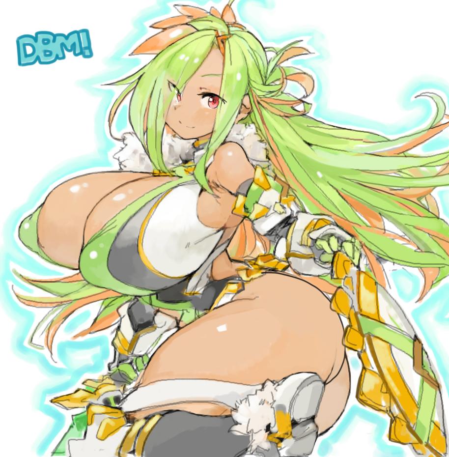 ass curvy dark-skinned_female dark_skin green_hair hair_ornament huge_breasts impossible_opening looking_at_viewer meloline_(melon22) nipple_bulge original original_character red_eyes sachito smile streaked_hair thick_thighs thighs