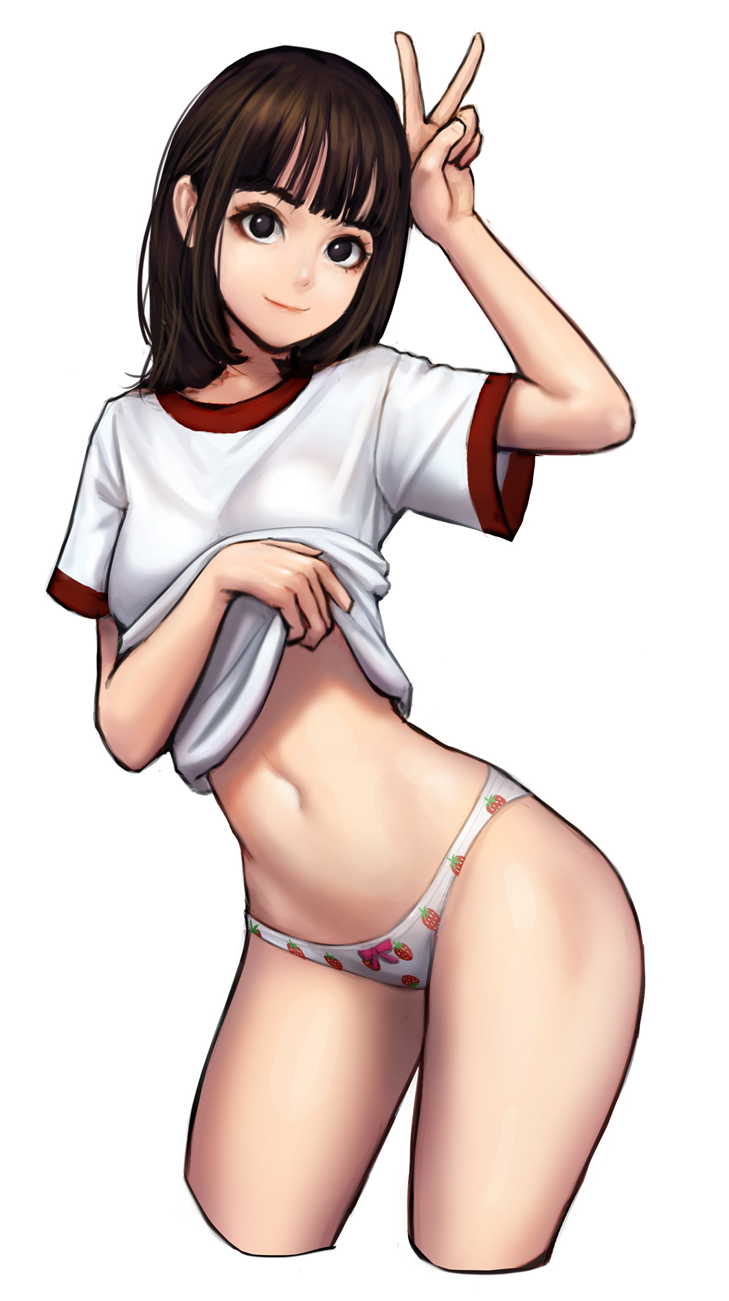 1girls bow_panties brown_hair female female_only gym_uniform jungon_kim looking_at_viewer original original_character panties peace_sign print_panties solo solo_female strawberry_panties tagme three-quarter_portrait v white_background white_shirt