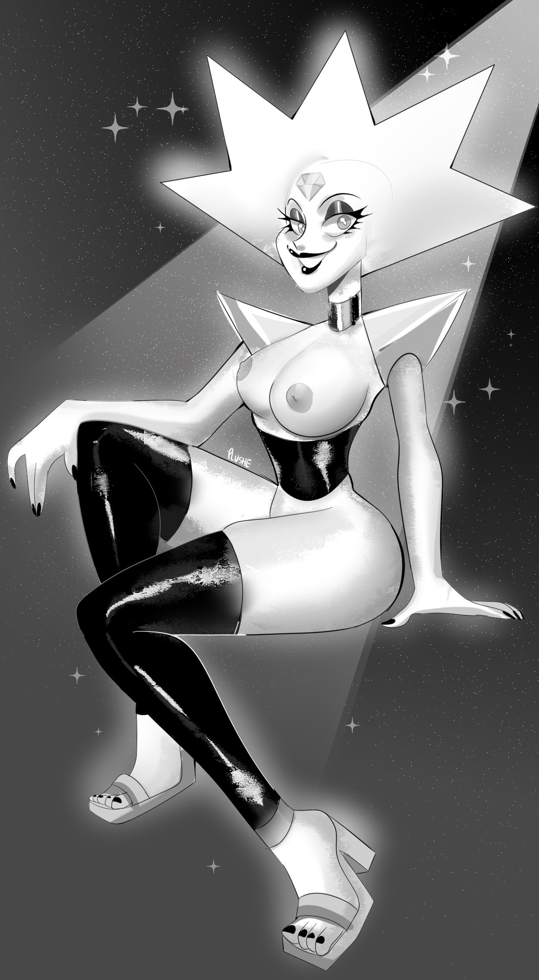 1girls, 2020, 4 fingers, 4 toes, absurdres, alien, alien humanoid, areolae, ass, black eyeshadow, black fingernails, black lips, black lipstick, breasts, cartoon network, collar, diamond, exposed breasts, eyebrows, eyelashes, female, female only, gem (species), grey areola, grey eyes, grey nipples, heels, high heels, highres, kittyplushe, latex, latex stockings, looking at viewer, nipples, partially nude, shoulder pads, signature, sitting, smiling, smiling at viewer, solo, solo female, space, stars, steven universe, watermark, white body, white diamond (steven universe), white skin