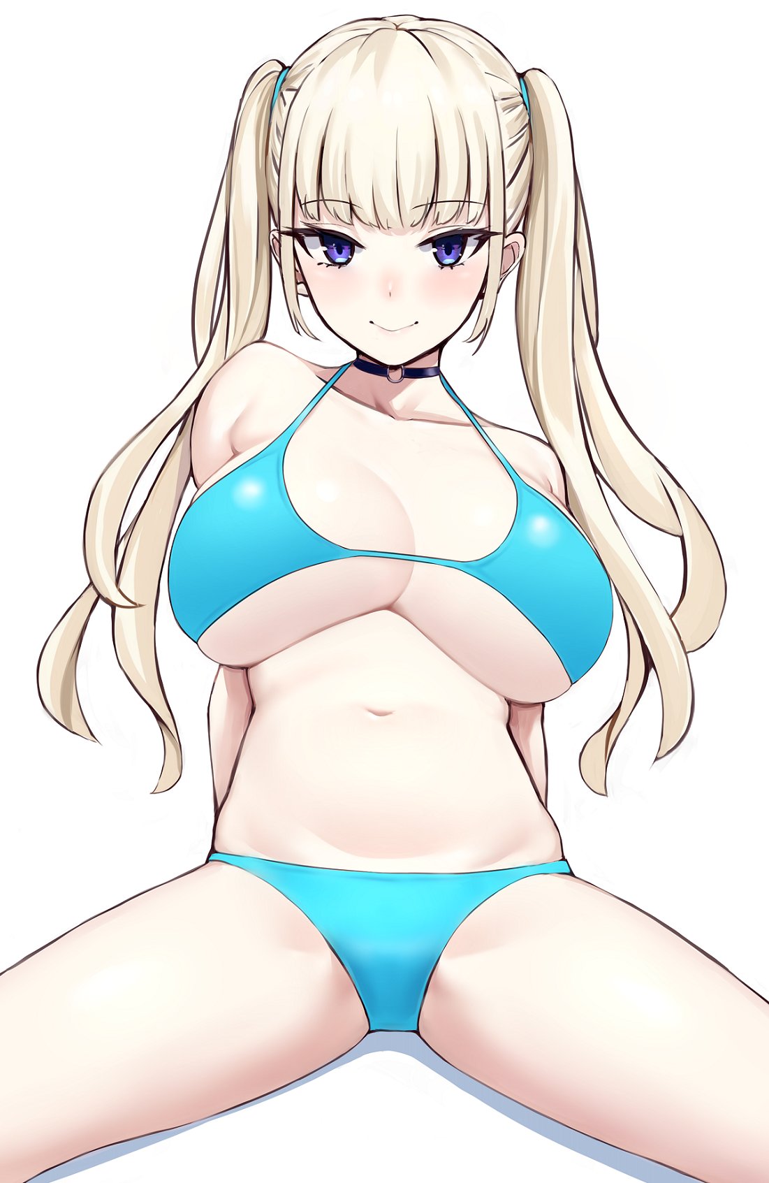 big_breasts bikini blonde_hair blue_eyes blush choker huge_breasts looking_at_viewer michihasu midriff original original_character pale-skinned_female pale_skin smile spread_legs thighs twintails