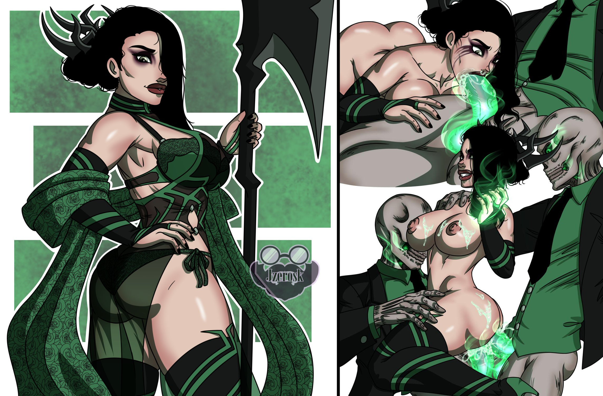 2boys, areolae, arm sleeves, ass, black hair, blowjob, bra, breasts, bubble ass, bubble butt, busty, cleavage, cum, cum bubble, cum in ass, cum in mouth, cum in pussy, cum inside, double penetration, eyelashes, eyeshadow, fellatio, female, female focus, goddess, green eyes, hela, high heels, hourglass figure, jzerosk, large penis, light skin, light-skinned female, lipstick, long hair, makeup, male, marvel, marvel comics, mascara, mascara tears, nail polish, nipples, oral, oral penetration, oral sex, pale skin, pale-skinned female, panties, penetration, penis, pinup, pose, posing, pussy, saliva, saliva drip, saliva string, saliva trail, sex, sideboob, skeleton, standing, thighhighs, thor (series), threesome, tied hair, veiny penis, wide hips