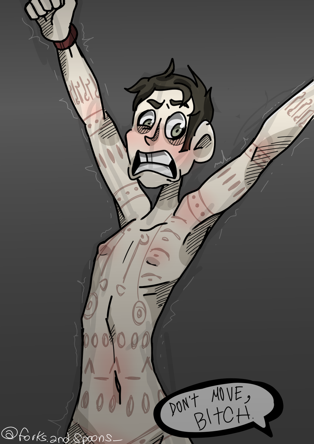 1boy ?! areola armpits arms_above_head arms_up blush body_marks dialogue english_text fear five_nights_at_freddy's forksandspoons_(artist) male male_focus male_only marks naked pale-skinned_male pale_skin scar scars simple_background tied tied_hands tied_up william_afton