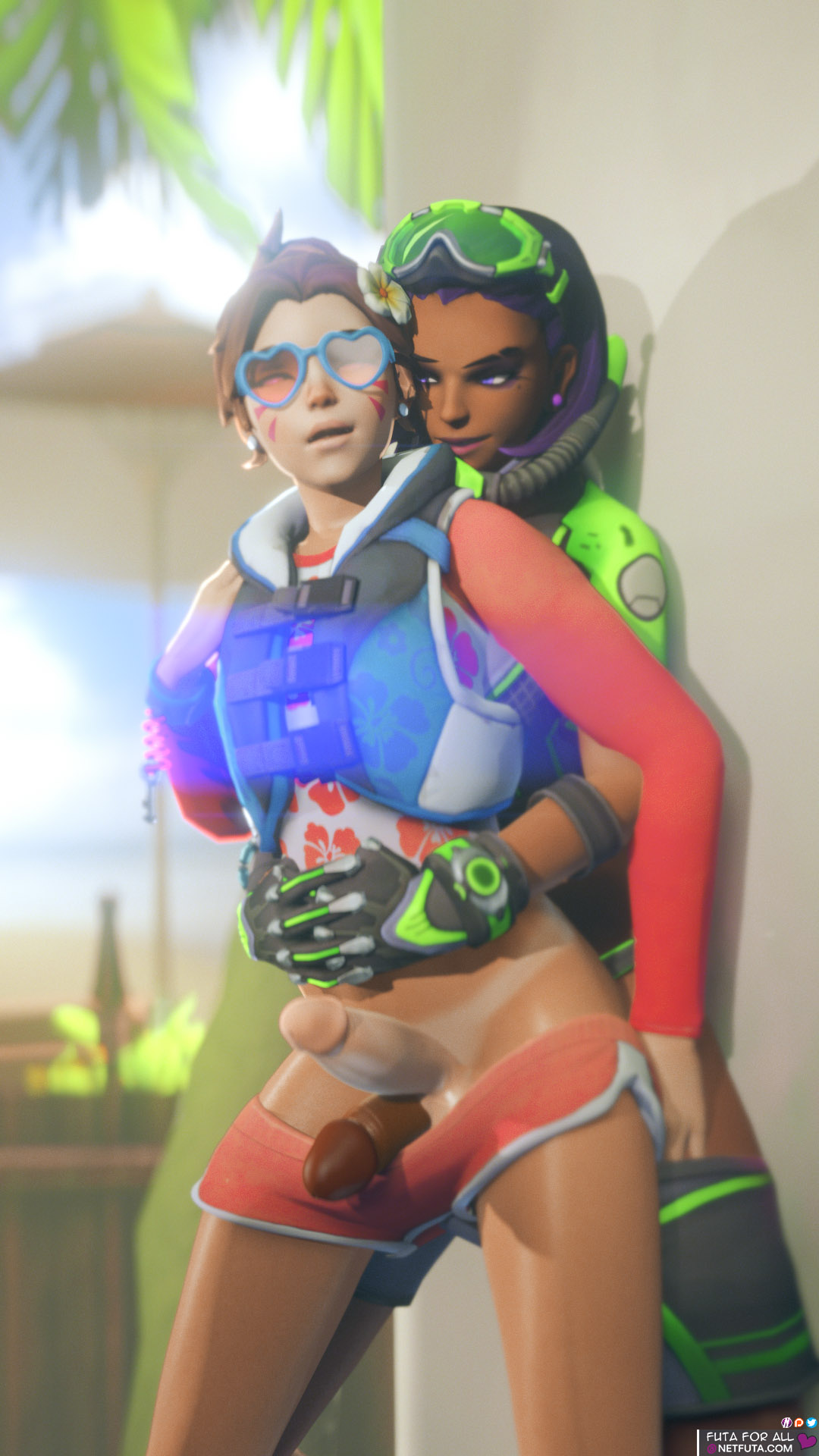 2futas, 3d, 3d (artwork), asian, balls, balls bulge, balls in panties, balls under clothes, beach, breasts, brown hair, brown skin, d.va, dark skin, dark-skinned futa, dickgirl, dickgirl/dickgirl, erection, flat chest, from behind, frottage, futa on futa, futa only, futa sans pussy, futanari, hugging, hugging from behind, intersex, intersex only, intersex/intersex, latina, medium breasts, netfuta, oily, overwatch, panties, panty bulge, partially clothed, partially nude, penis, penis out, penis size difference, purple eyes, purple hair, realistic, render, short hair, shorts, sombra, source filmmaker, sunny, tanned, tanned skin, tulum sombra, waveracer d.va, wet