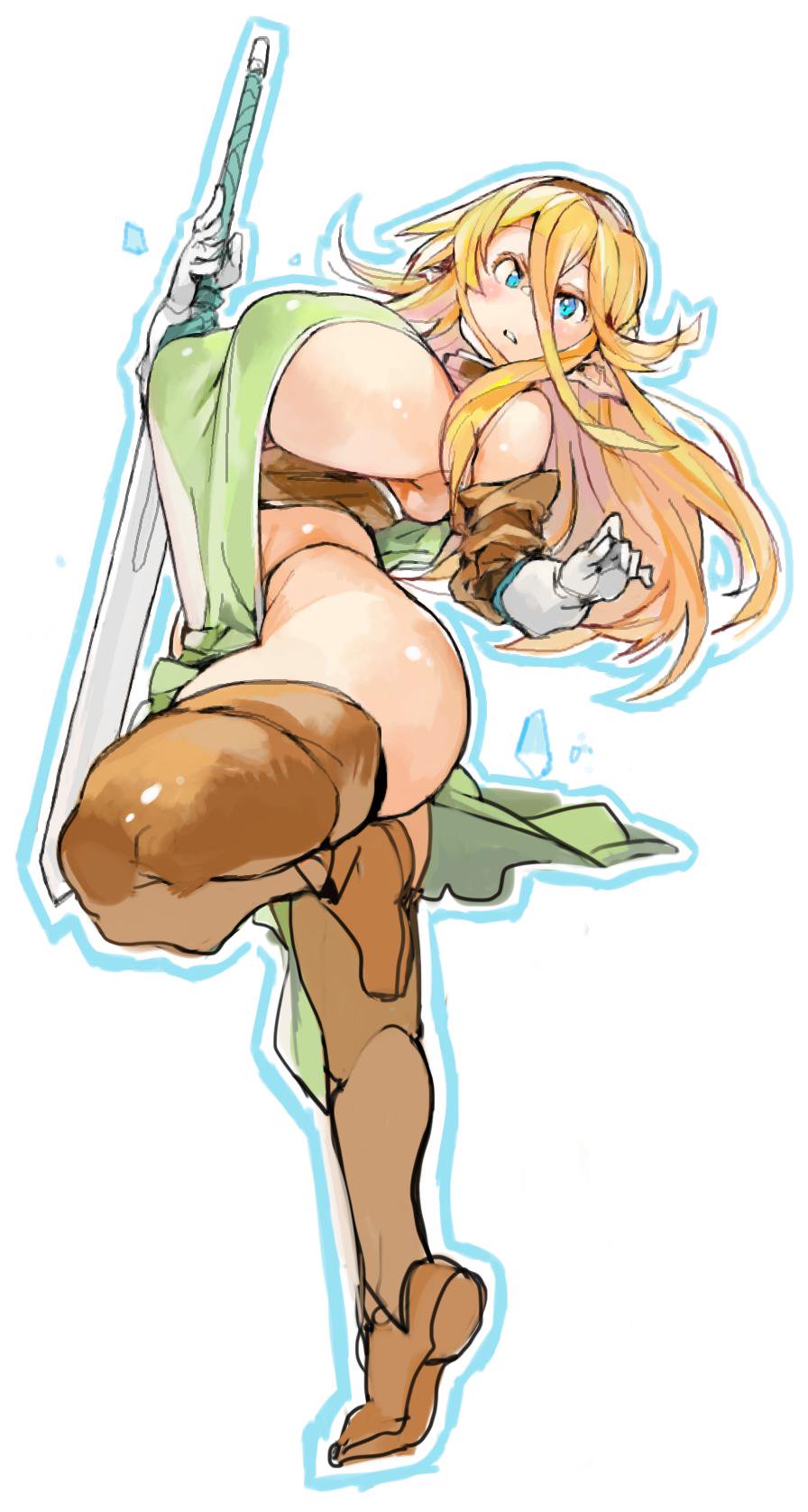 1girls blonde_female blonde_hair blue_eyes curvy elf gloves hair_between_eyes huge_breasts long_hair looking_at_viewer nipple_bulge on_one_leg original original_character pointy_ears sachito sling sword thighhighs