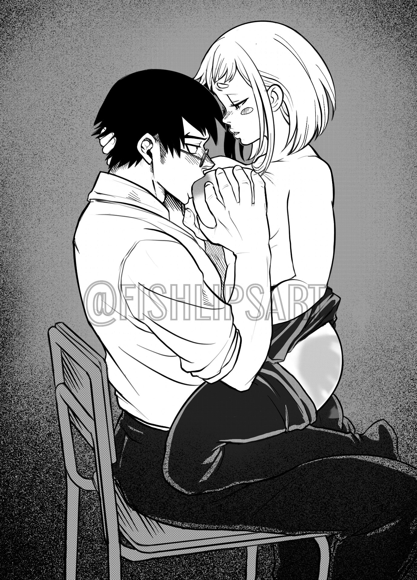 1boy, 1girls, artist name, black and white, blush, blush stickers, breast grab, breast sucking, breasts, clothing, female, fishlipsart, glasses, hand on breast, handprint, legwear, male, male/female, my hero academia, no bra, ochako uraraka, on lap, shirtless, sitting, sitting on chair, skirt, skirt lift, spank marks, spanked, spanked butt, straight, sucking, sucking nipples, tenya iida, thigh highs, thighhighs, topless, topless female