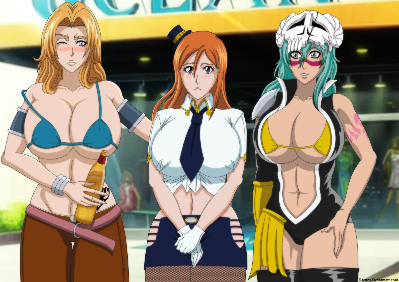 3girls, alcohol, big breasts, bikini top, bleach, blonde hair, blush, breasts, cleavage, cosplay, ero-enzo, female, female only, green hair, hat, inoue orihime, large breasts, long hair, looking at viewer, matsumoto rangiku, nelliel tu odelschwanck, orange hair, rtenzo, thighhighs