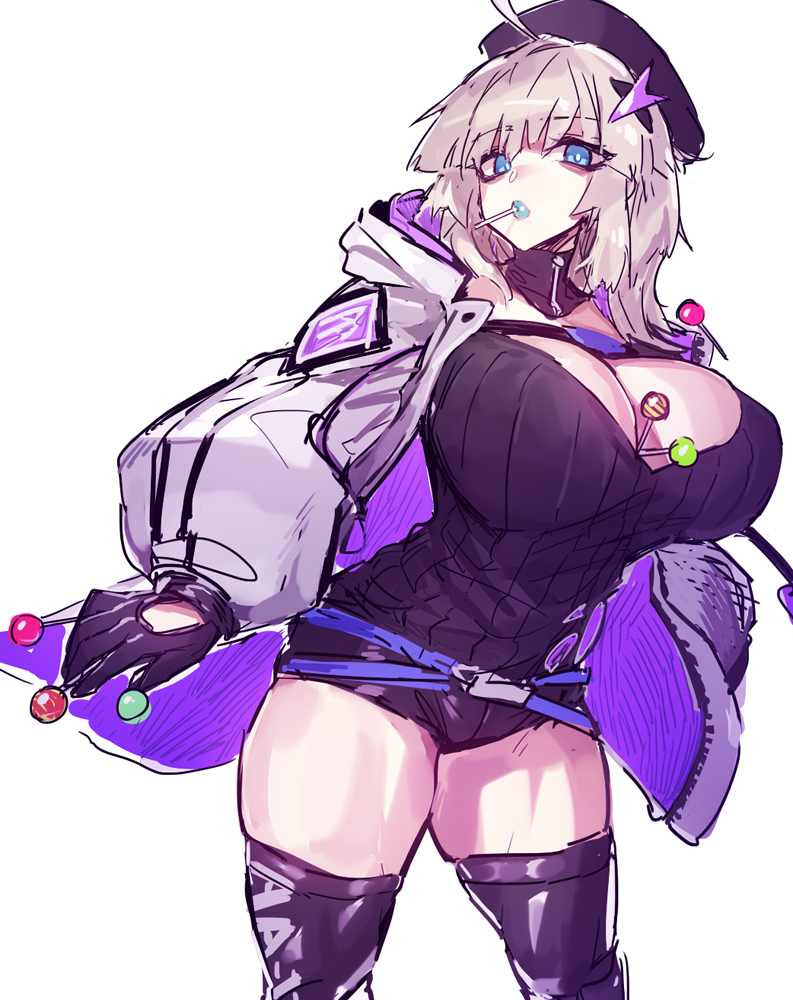 aa-12 (girls' frontline), bags under eyes, blue eyes, breasts, candy, cleavage, female, female focus, female only, girls' frontline, gloves, grey hair, hat, holding candy, holding object, huge breasts, jacket, large breasts, leotard, lolipop, looking at viewer, melon22, muscular, muscular female, object between breasts, short hair, thick thighs, thighhighs, thighs