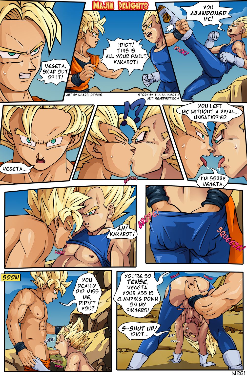 !, ?, 2boys, anal, anal fingering, anal insertion, anal penetration, anal sex, ass, bent forward, blonde hair, blowjob, bodysuit, boner, closed eyes, cock gobble, cock hungry, cock worship, comic, cum, cum hungry, cum on body, dialogue, dragon ball, dragon ball z, english text, erect nipples, erection, exposed ass, exposed nipples, fellatio, finger fuck, fingering, foreskin, gay, giving head, gloves, going down on, green eyes, groping, hand in pants, inviting to sex, kicking, kissing, knob polishing, licking male nipple, male, male only, mouthful, muscular, nearphotison, nipples, oral, oral sex, page 1, page number, pants down, penetration, penis, penis in mouth, playing skinflute, retracted foreskin, shirt lift, shirt removed, son goku, spiky hair, sucking off, super saiyan, super saiyan 2, tan penis, tan skin, text, tongue, tongue out, topless, torn bodysuit, torn clothes, torn clothing, tsundere, uncircumcised, uncut, vegeta, wristbands, yaoi