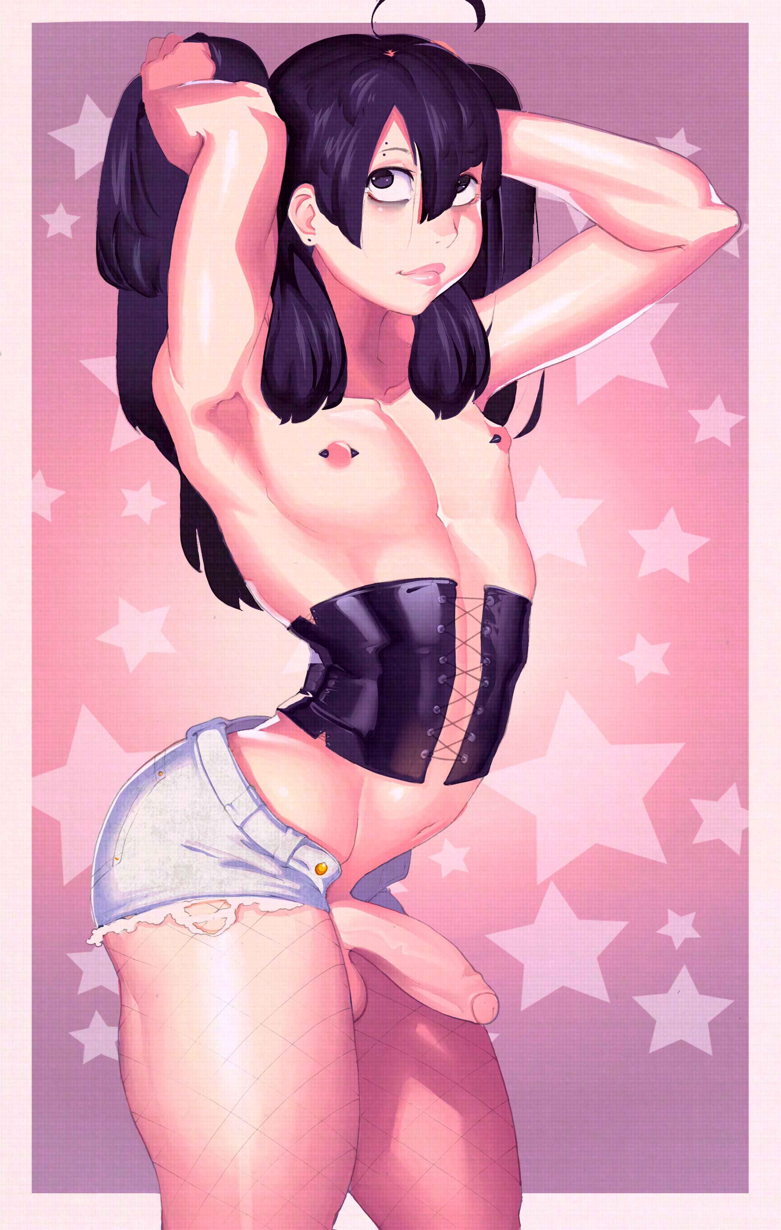 1boy, arms above head, arms up, corset, crack the moon, crossdressing, daisy dukes, femboy, fishnets, girly, long hair, male, male only, original, original character, pierced nipples, purple hair, solo, trap