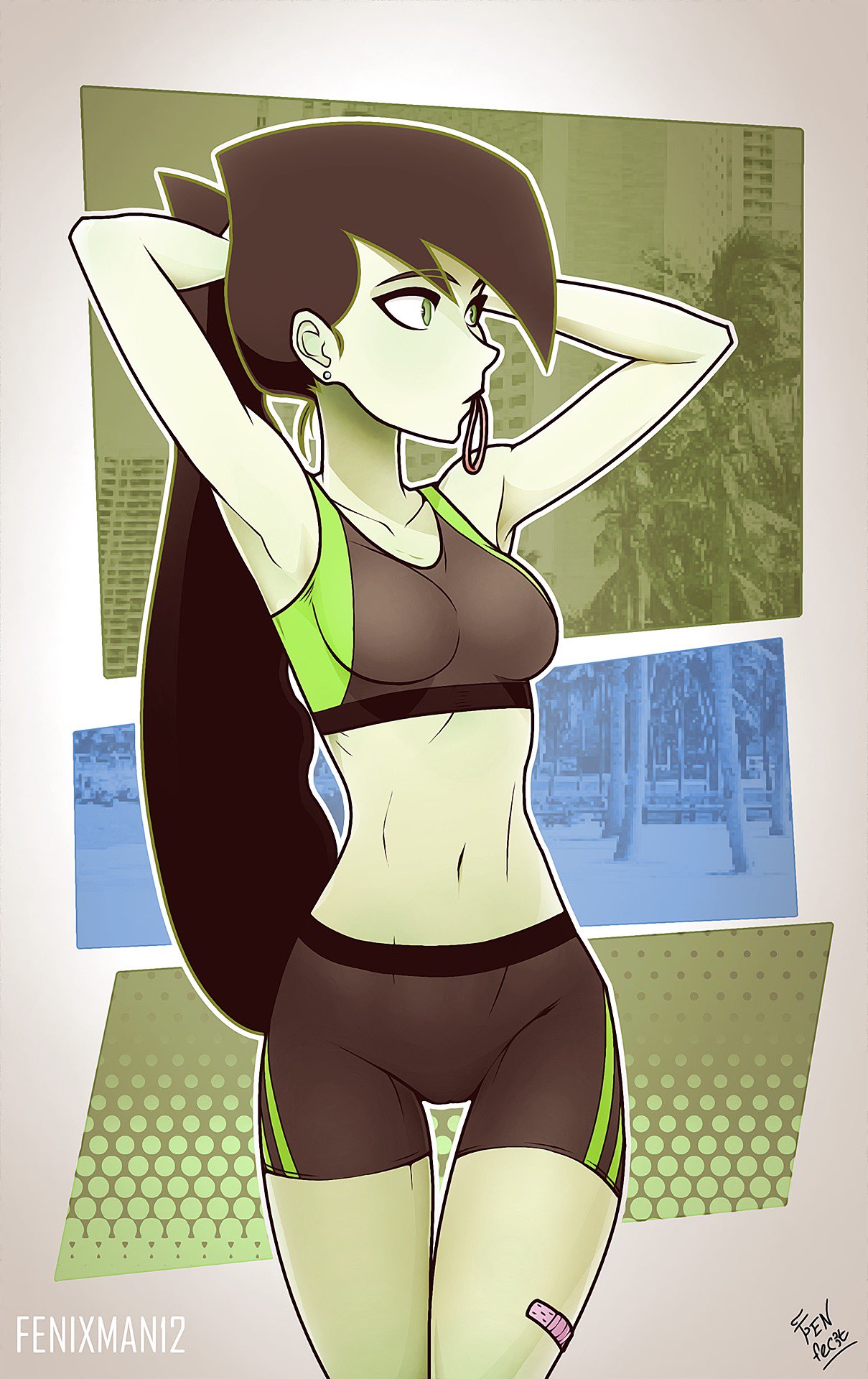 1girls, armpits, arms up, athletic, bike shorts, black hair, disney, disney channel, female, female only, fenixman12, green eyes, green skin, kim possible, ponytail, shego, solo, sports bra, sportswear, tagme