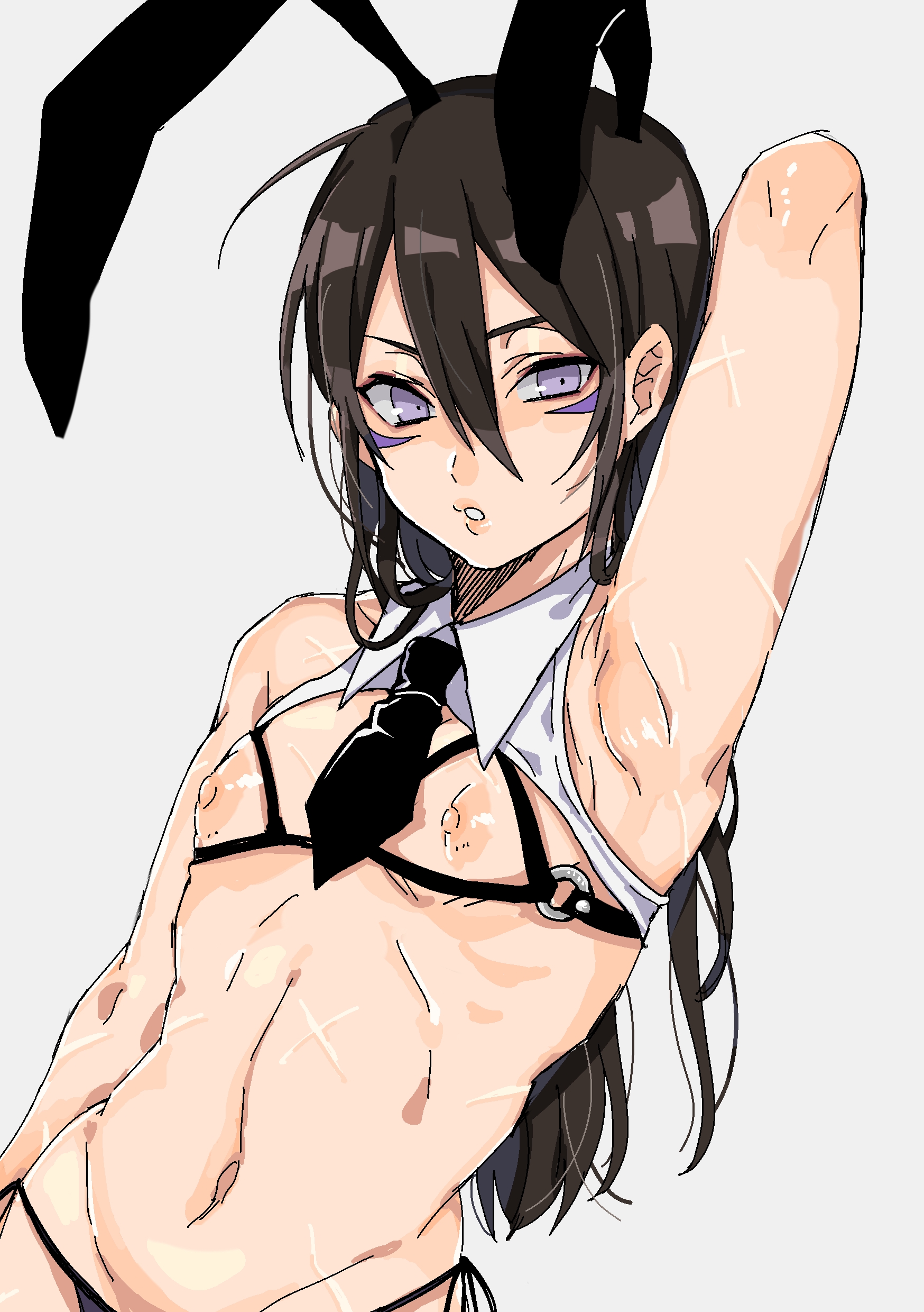 arm up, armpit, armpit fetish, armpits, belly, breasts, bunny ears, cupless bra, fake animal ears, femboy, long hair, male, male only, navel, necktie, necktie between breasts, one-punch man, presenting armpit, purple eyes, scars, seitaro, speed-o'-sound sonic, stomach, tagme, trap, upper body