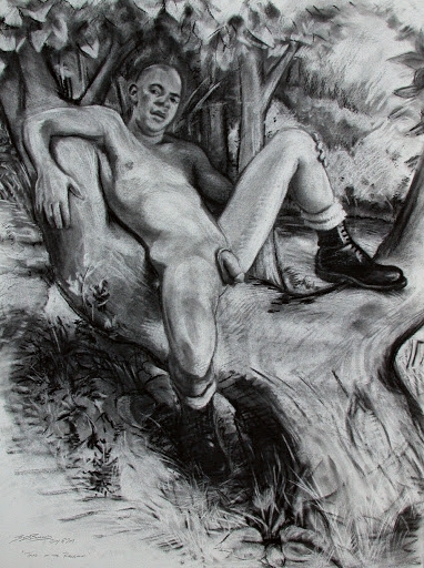 1boy bald black_and_white boots fit flaccid forest_background full_length guy_burch_(artist) looking_to_the_side male male_only naked outdoors penis solo solo_male spread_legs tree