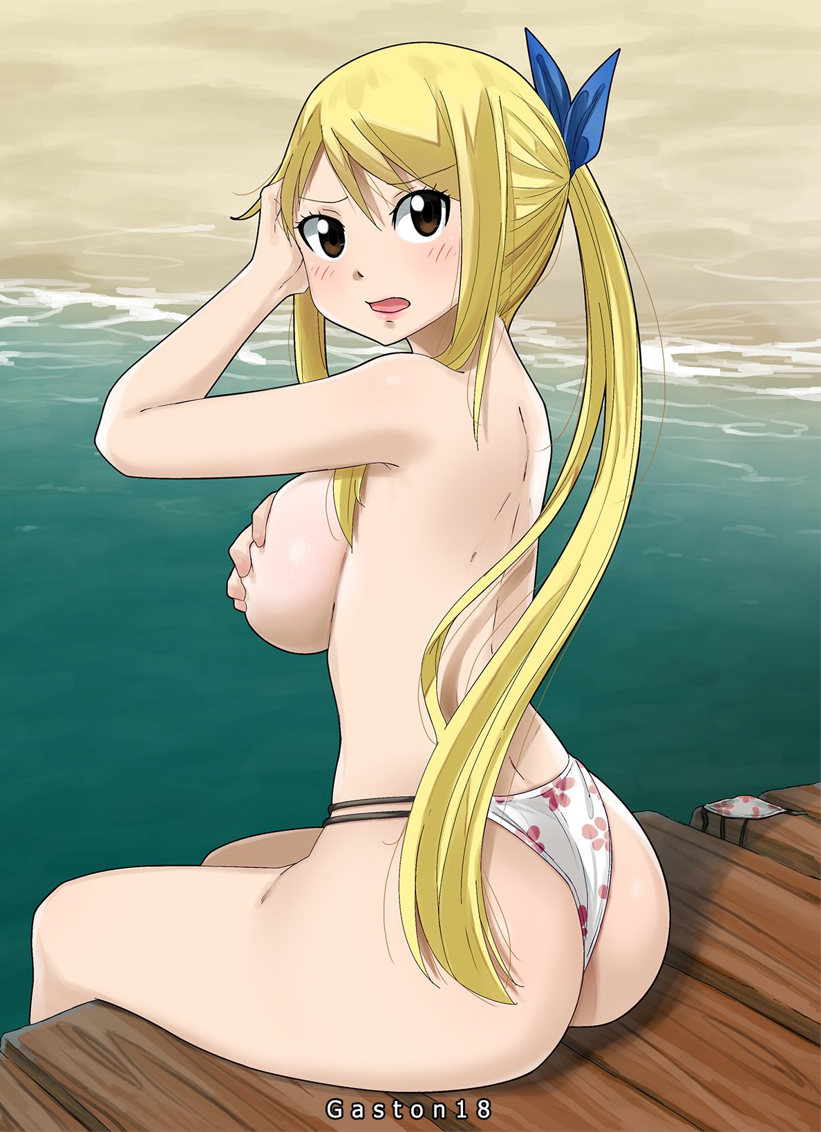 1girls, beach, bikini bottom, blonde hair, blonde-haired female, breasts, covering breasts, fairy tail, female, female only, g-string, gaston18, large breasts, long hair, looking at viewer, lucy heartfilia, median furrow, ponytail, sand, sea, sitting, solo, thong, thong bikini, topless, topless female, water, white thong