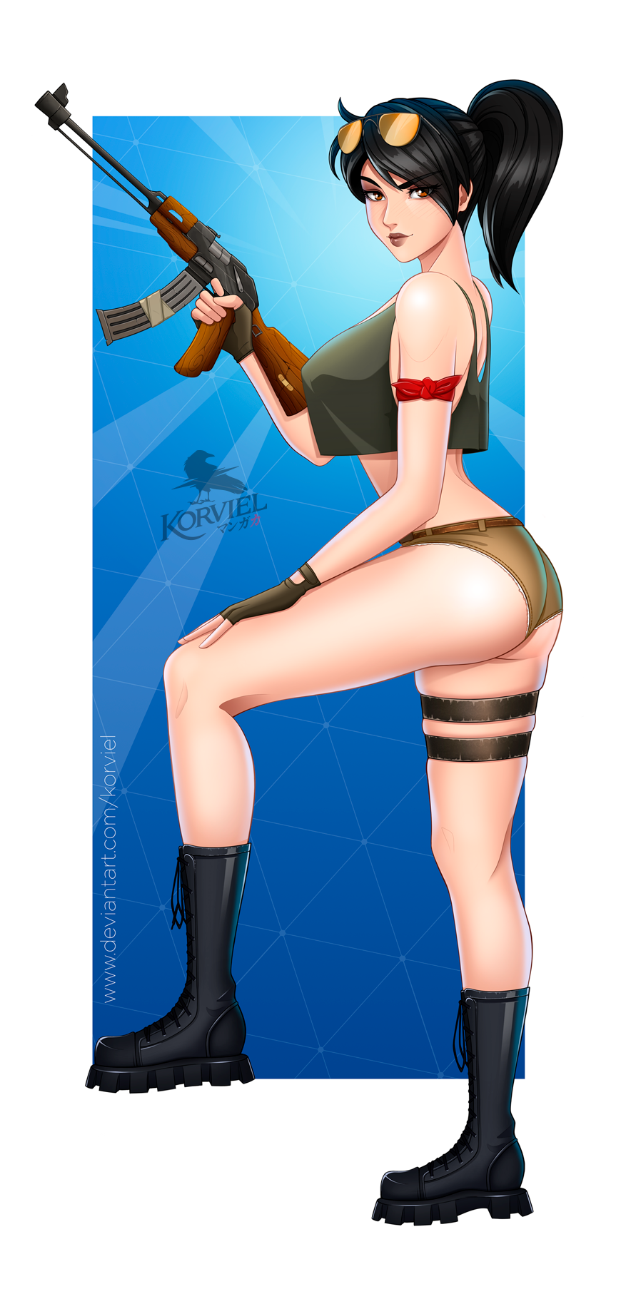 armband big_ass big_breasts boots clothed eyebrow_raise female female_only fortnite gun korviel legband legbands looking_at_viewer panties ramirez_(fortnite) skimpy skimpy_clothes solo solo_female sunglasses sunglasses_on_head tagme