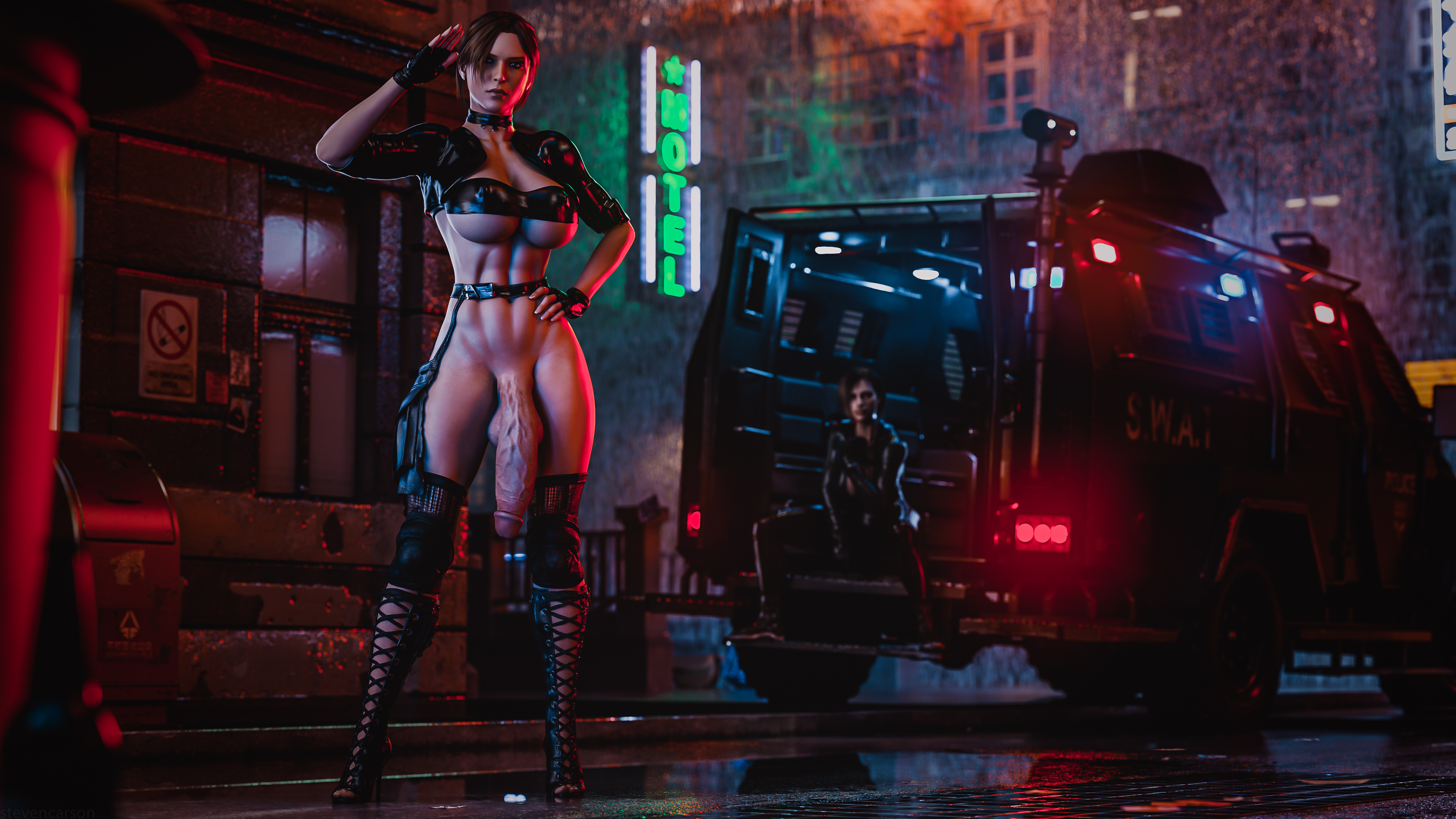 1futa, 1girls, 3d, 4k, abs, absurdres, areolae, balls, bottomless, breasts, cleavage, curvy, erect nipples, female, flaccid, futa focus, futa sans pussy, futa with female, futanari, highres, huge breasts, huge cock, huge penis, intersex, jill valentine, jill valentine (julia voth), lara croft, lara croft (l.a.u.), large balls, light skin, light-skinned female, muscular, muscular futa, nipple bulge, nipples, penis, penis to the knees, realistic, resident evil, resident evil 3, resident evil remake, stevencarson, testicles, tomb raider, tomb raider (l.a.u.), wide hips