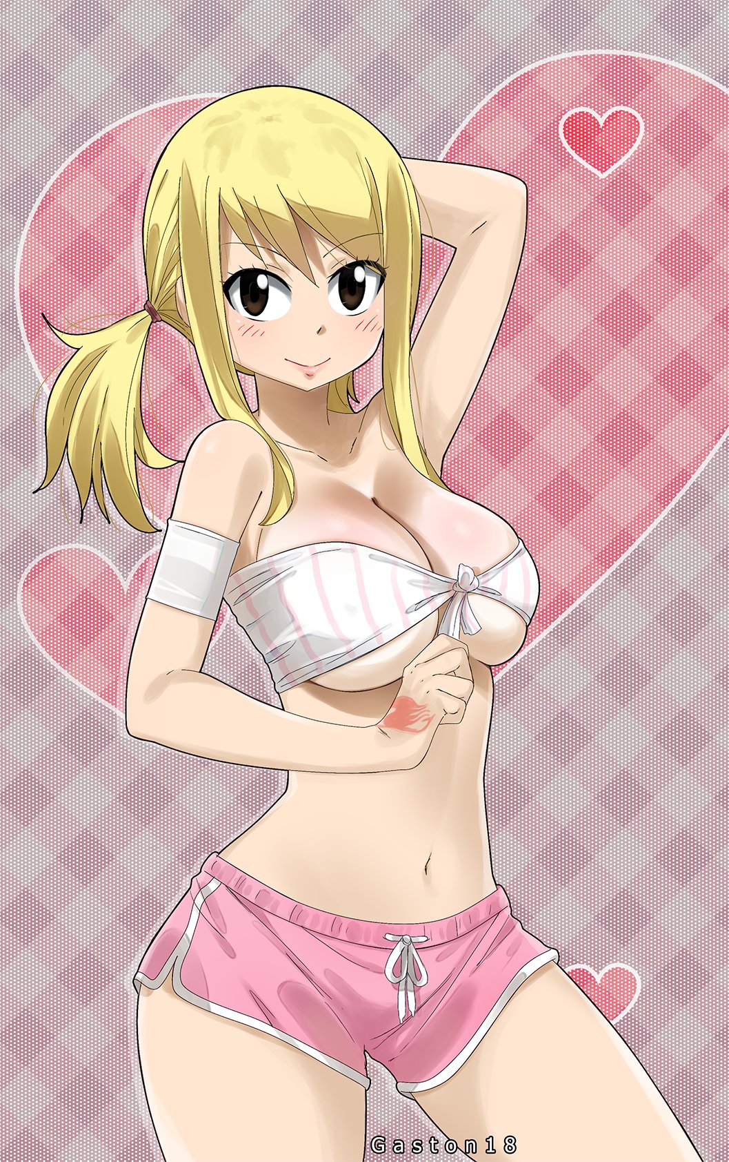 1girls, blonde hair, blonde-haired female, breasts, cleavage, fairy tail, fairy tail mark, female, female only, gaston18, hand tattoo, hazel eyes, heart, hotpants, large breasts, linea alba, lucy heartfilia, pink pants, pink shorts, pink tattoo, posing, smile, solo, tattoo, tattoo on hand, tattooed hand