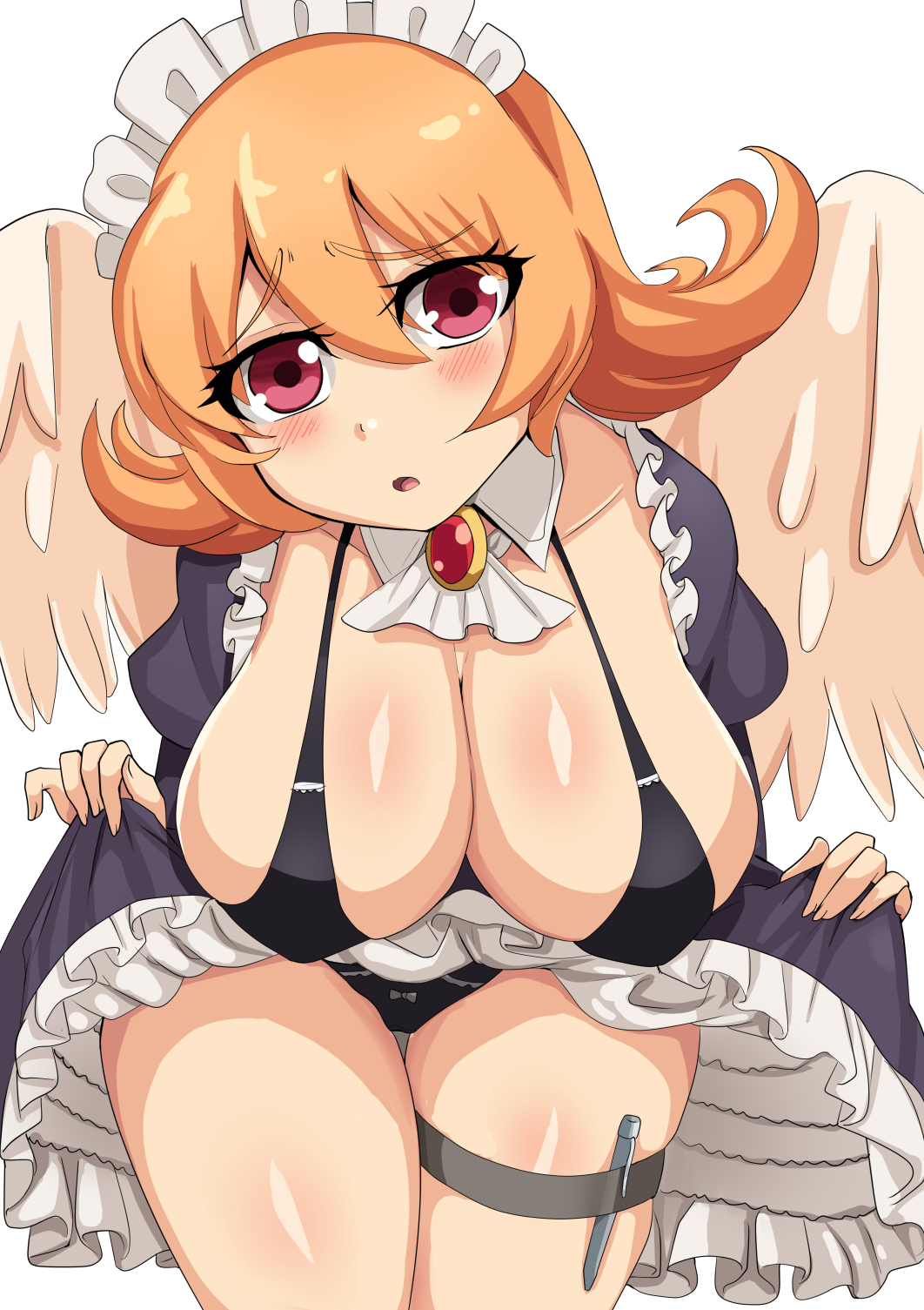 1girls bell_haircut big_breasts bird_girl birdmaid blush_lines blushing_at_viewer female female_only harpy_girl ishuzoku_reviewers meidri monster_girl nico-mo nipples nipples_visible_through_clothing open_mouth orange_hair red_eyes short_hair solo solo_female solo_focus thick_thighs upwing_bell