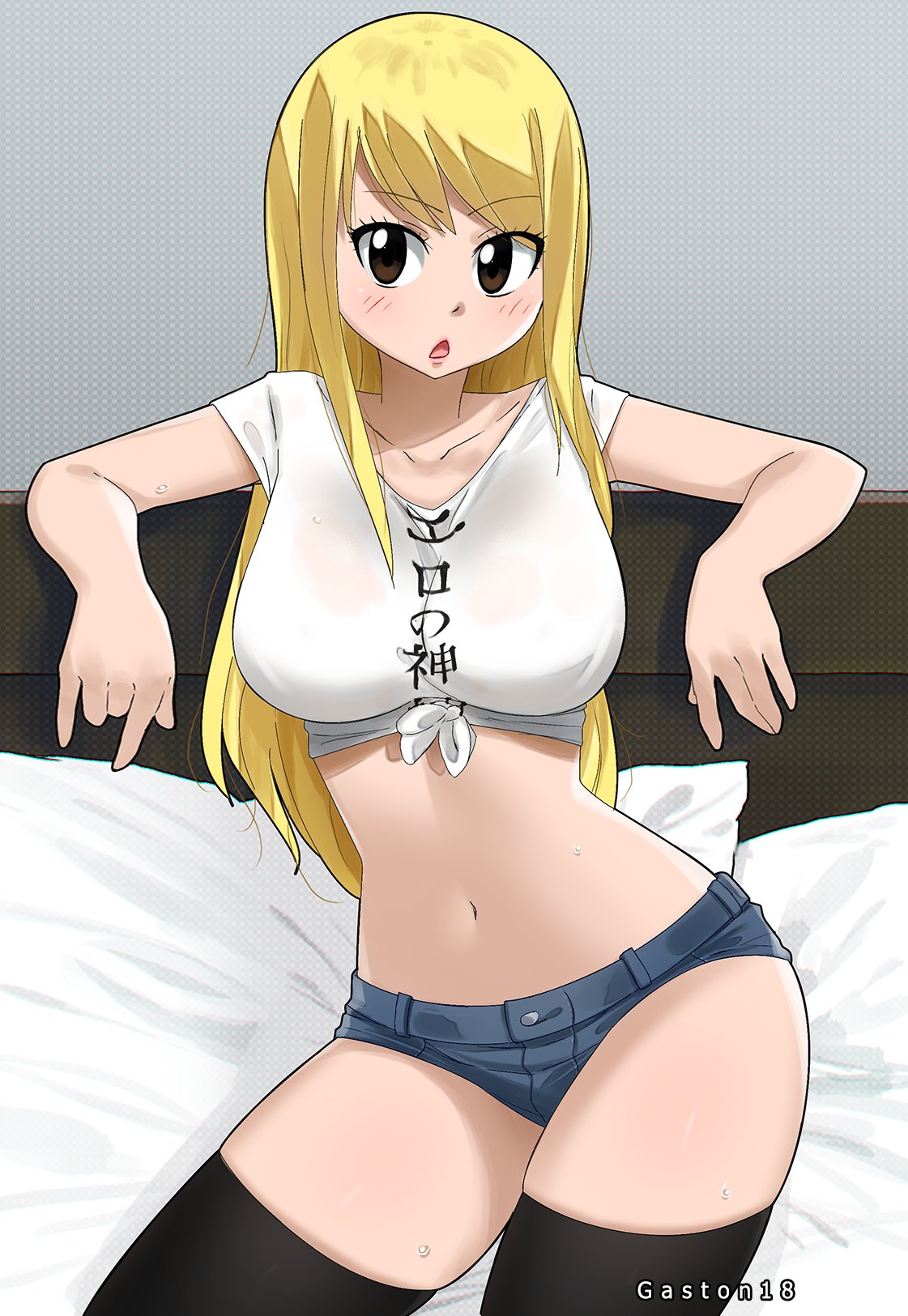 1girls, bed, blonde hair, blonde-haired female, breasts, crop top, denim shorts, fairy tail, female, female only, gaston18, hazel eyes, hotpants, large breasts, long hair, lucy heartfilia, solo, thighhighs